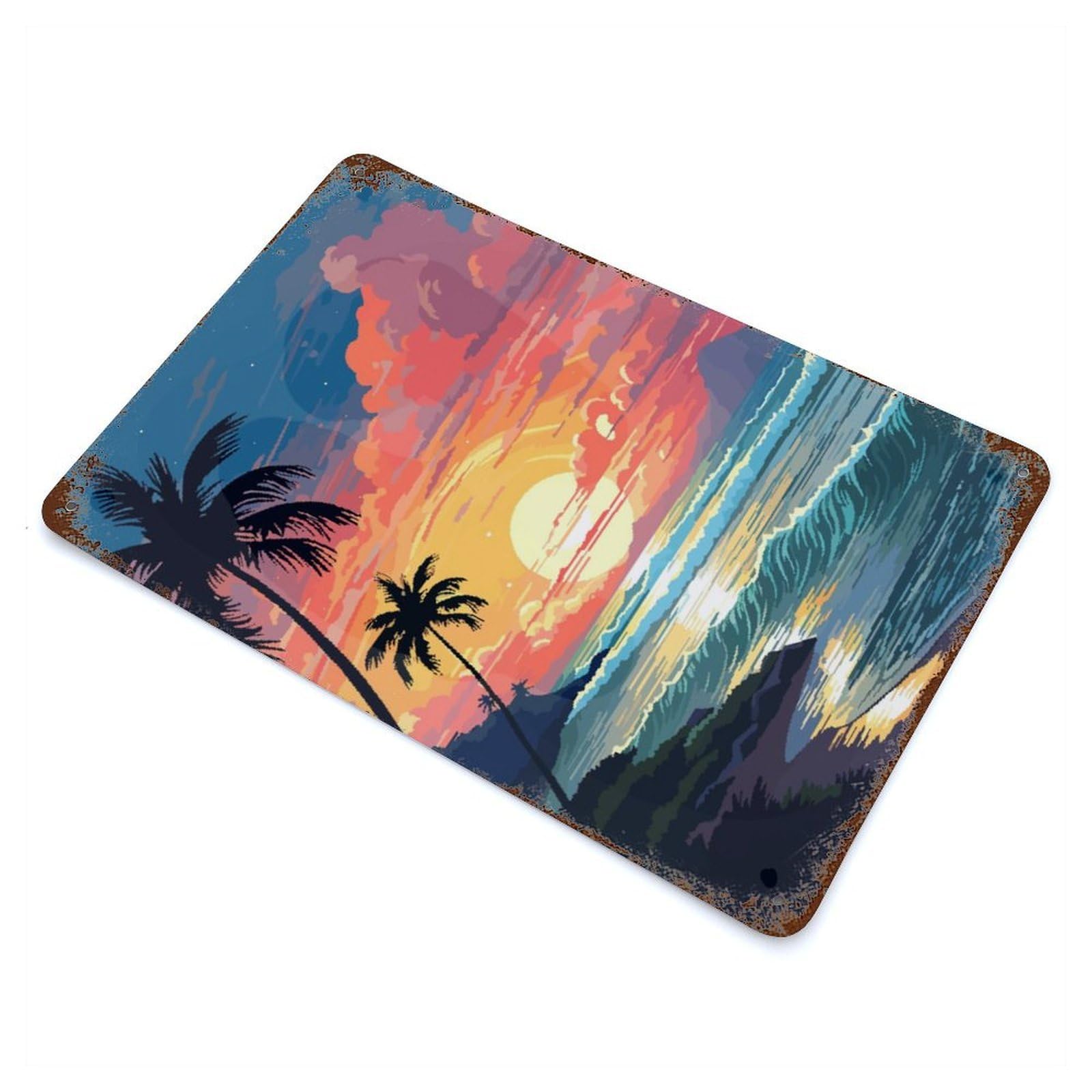 Rust Effect Hawaii Sunset Waves Pixel Distressed Metal Wall Sign 11.8"x7.9", Decorative Metal Wall Art for Living Room, Hallway And Home Decor