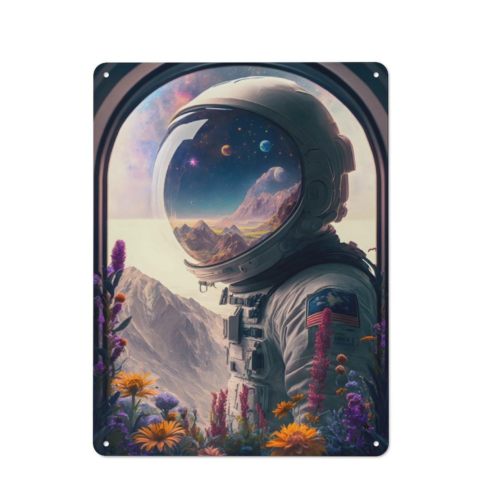 Junmoney Astronaut And Flowers Wind Rustic Metal Plaque 40X30cm For Guest Room Or Hallway, For Home Interiors, Feature Walls And Decorative Displays