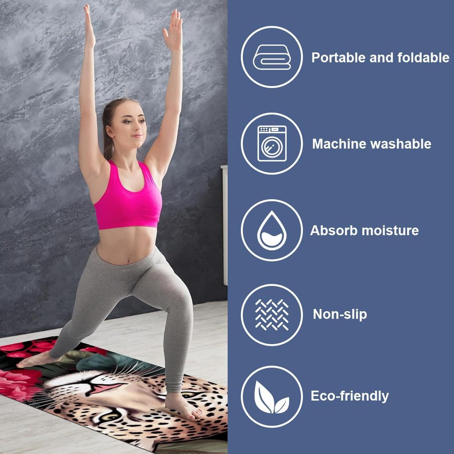 Yoga Towel, Leopard Rose Flower Non Slip Sweat Absorbent Hot Yoga Mat Towel for Hot Yoga, Pilates and Fitness - 72.8" x 26.8"