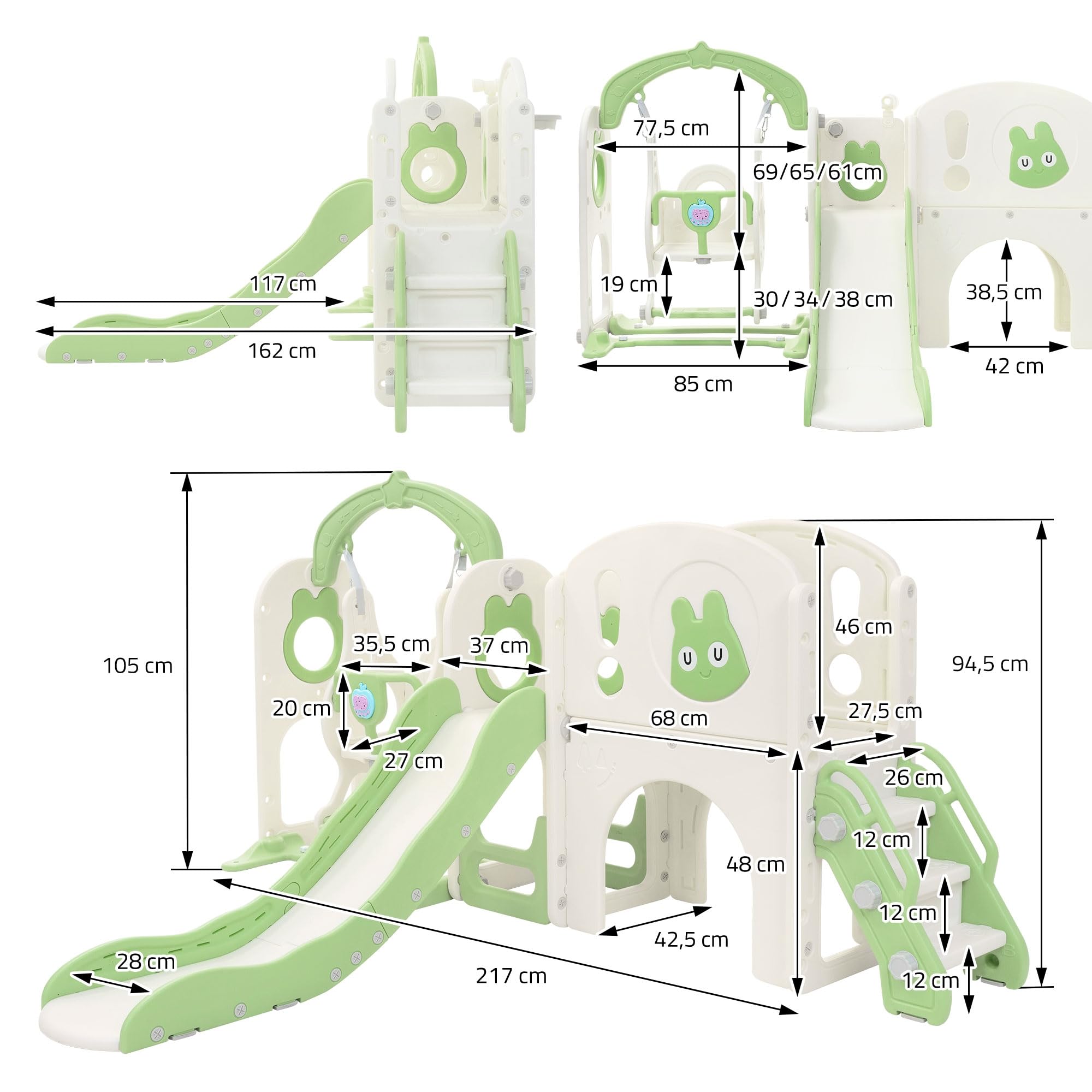 Joyz Tobogán Infantil 6 en 1, con Túnel, Columpio, Escaleras de Trepa, Canasta de Baloncesto Telescópica y Torre, Parque de Exterior/Interior, Verde Claro, Juegos para Niños a Partir de 3 Años