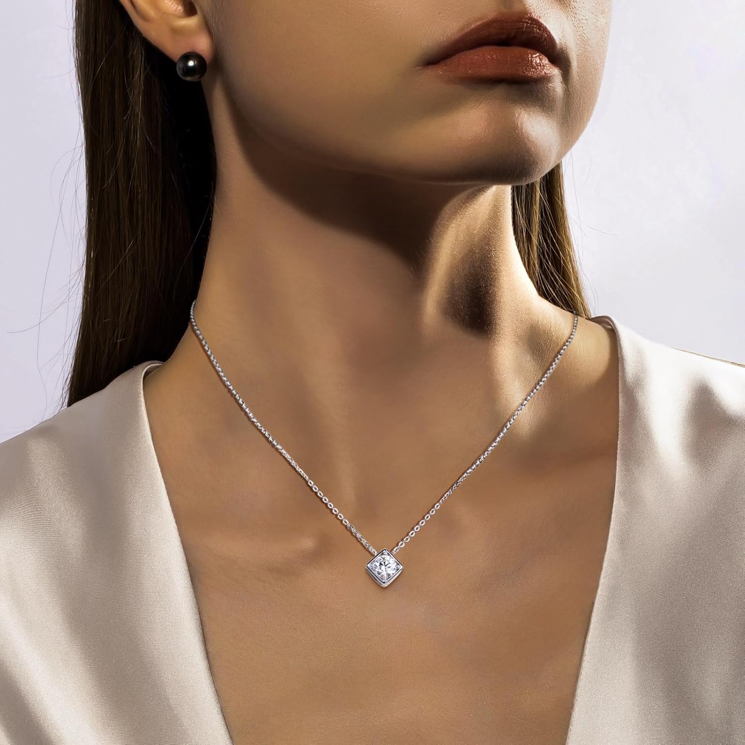Moissanite 1-5ct Rhombus Necklaces 18K White Gold Plated 925 Sterling Silver Bezel Set D Color VVS1 Lab Created Diamond Solitaire Pendant Necklace for Women Men GRA Certified - Image 6