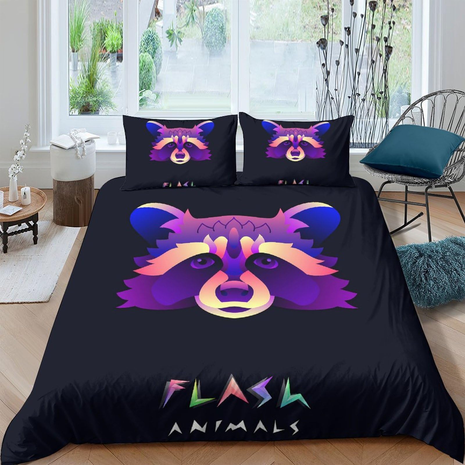 GPLZQXKJNH 3D Printed Neon Raccoon Duvet Cover Microfiber Soft Breathable Abstract Animal Bedding Set with 2 Pillowcases for Bedroom Home Decor Single（135x200cm）