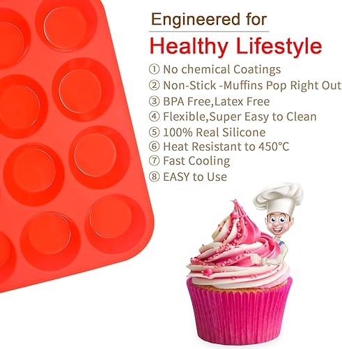 Miniatura 7 de Juego de moldes de silicona para muffins, 2 piezas de 2.8 pulgadas, 12 tazas, molde para mordedura de huevo, antiadherente, fácil liberación, para