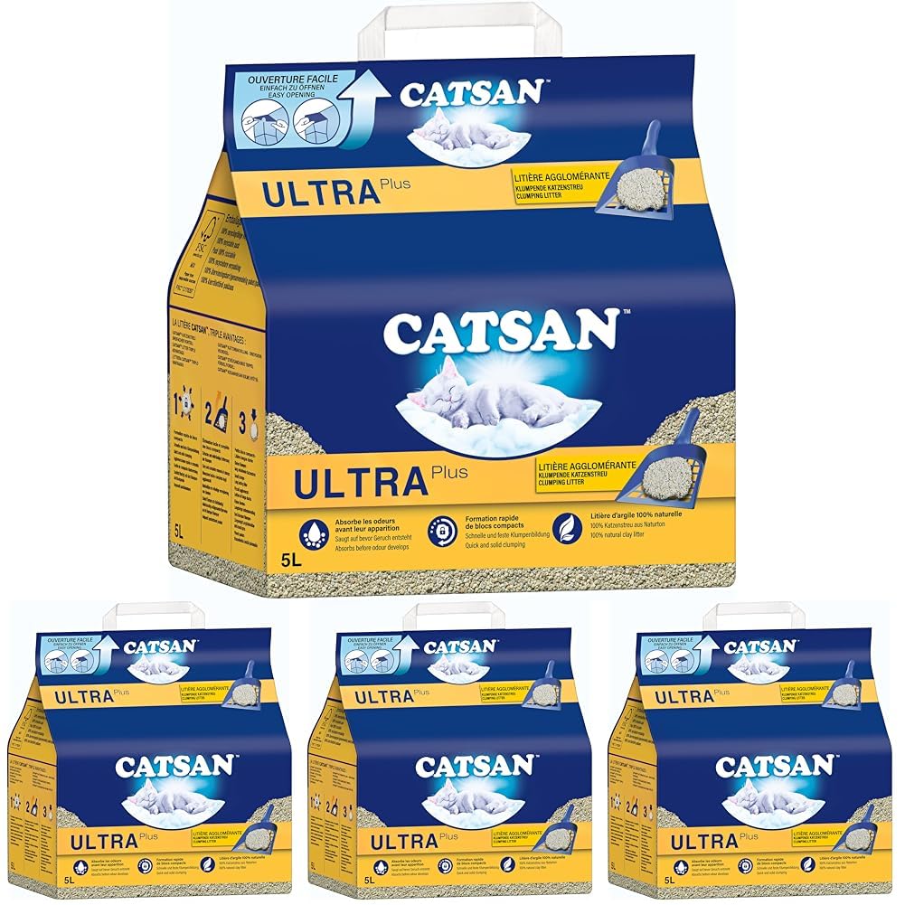 CATSAN Ultra Plus – Katzenstreu aus feinen natürlichen Tonkörnchen – 1 x 5 Liter (Packung mit 4)