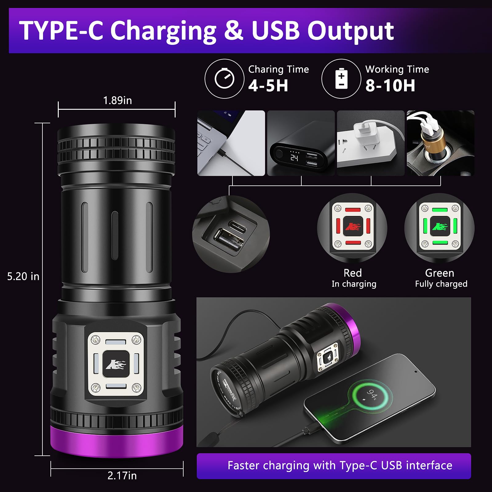 LUXNOVAQ 45W UV Torch USB Rechargeable Blacklight Torch Powerful - Image 3