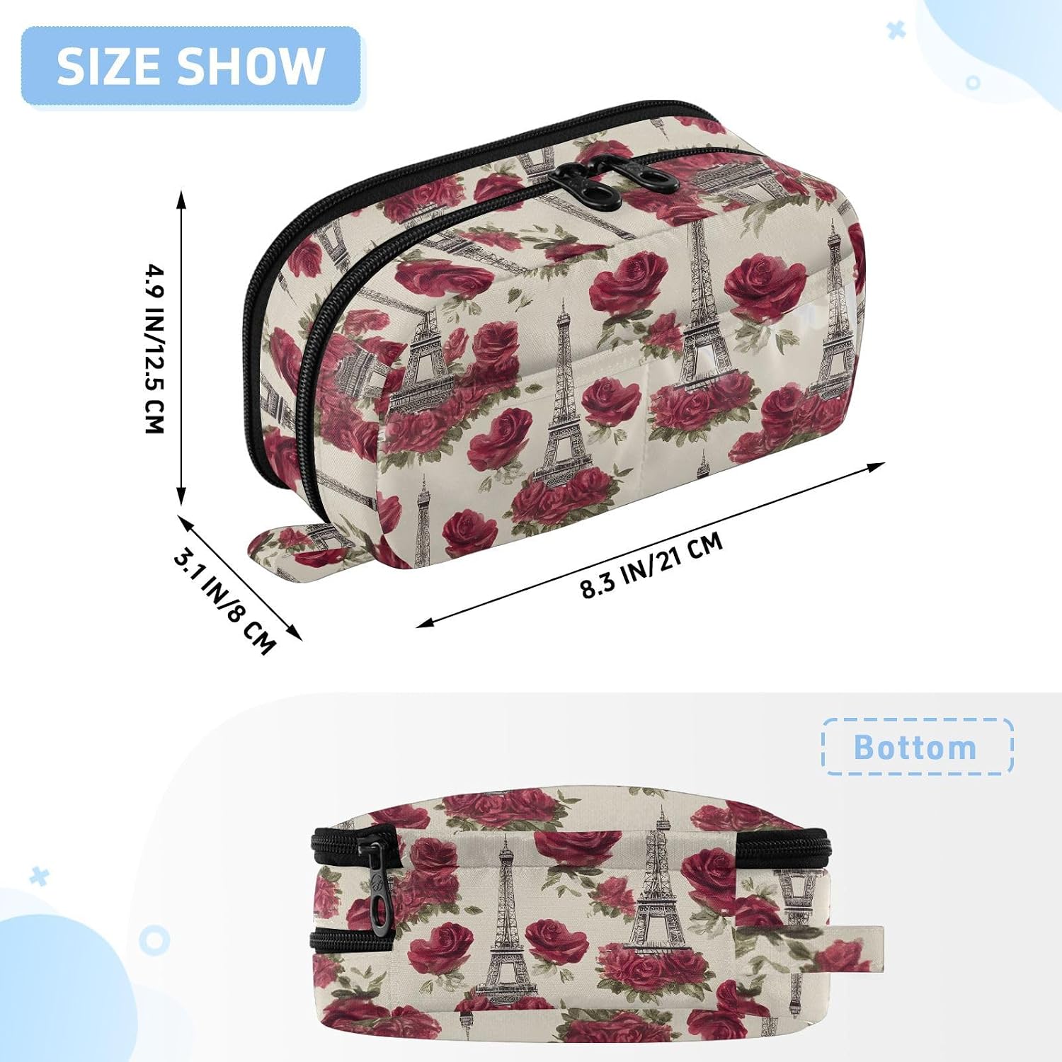 ALAZA Eiffeltier Tower Beautiful Rose Pattern Large Capacity Pencil Case, Aesthetic Stationery Organizer Bag with Clear PVC Window, High Capacity Pen Pouch with Dividers for School Office Travel image 3