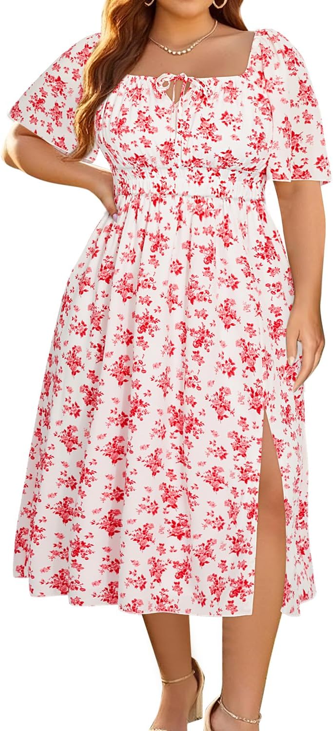 Plus Size Summer Dress 2025 - Milkmaid Sundress Boho Floral Casual Beach Wedding Midi Dresses