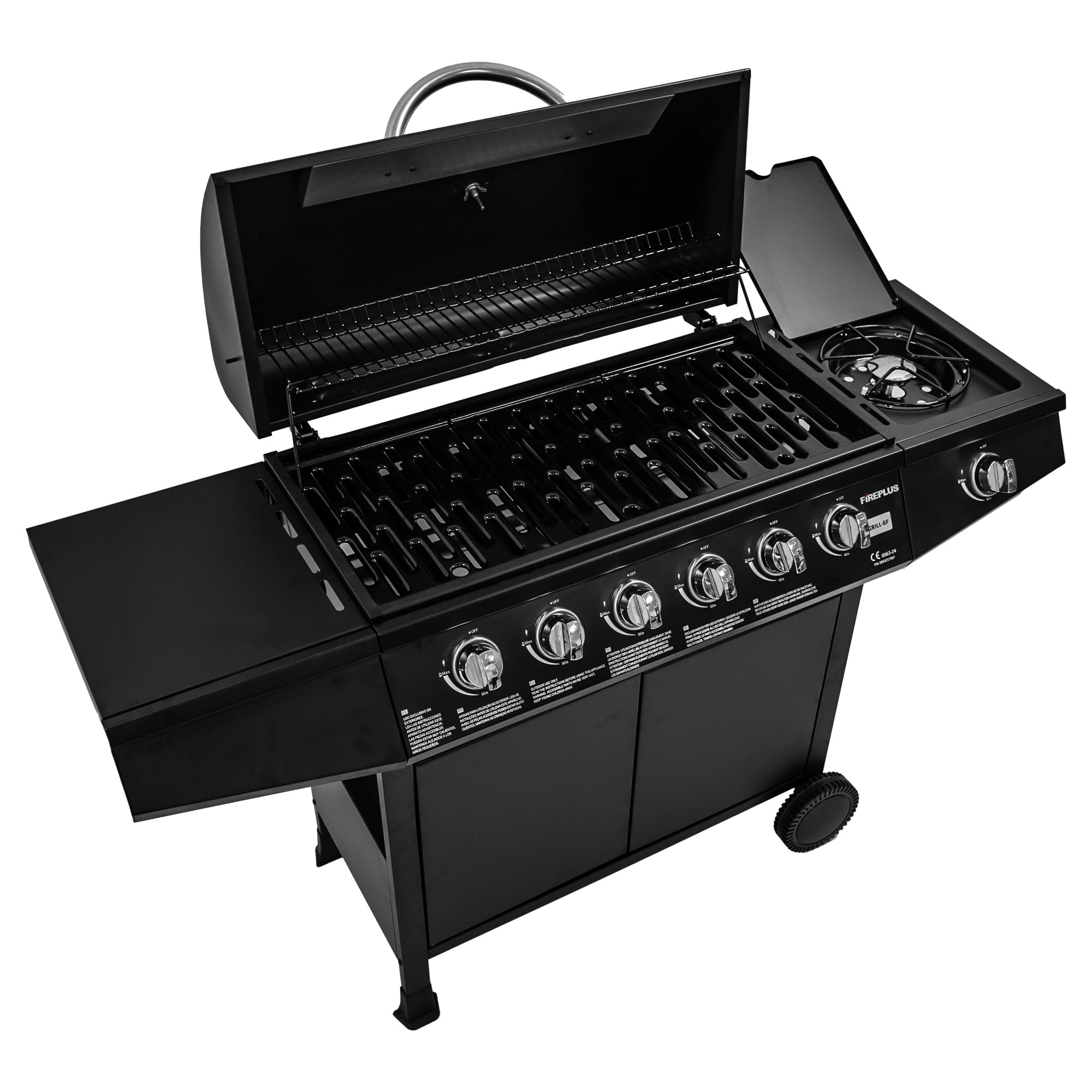 Amig - Barbacoa de gas Fireplus 6+1 de 12,9 kW - Acero inoxidable Negro - Parrilla con ruedas Modelo GRILL-6F - Barbacoa XXL con carro y termómetro - 138x52x103 cm - 7 quemadores y Bandeja lateral