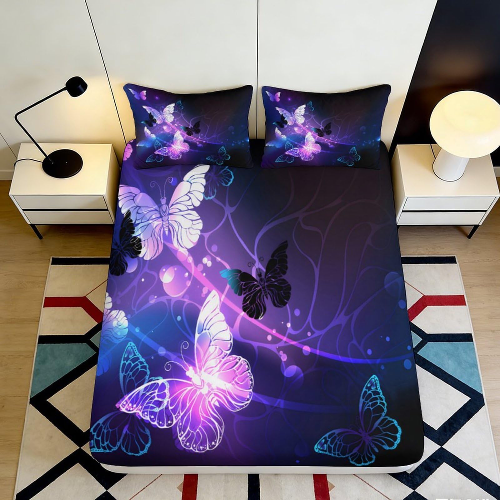 3D Printed Butterfly Fitted Sheet Microfiber Deep Pocket Non-Slip Bedroom Bedding Butterfly Mattress Fitted Cover Washable 90x200x25cm
