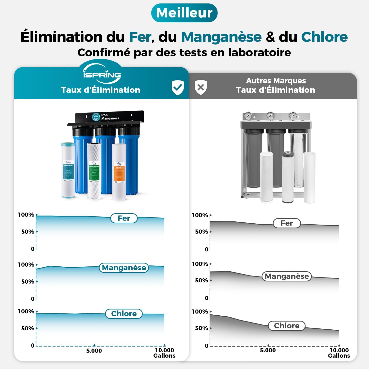 iSpring WGB32BM Système de Filtre à Eau pour Toute la Maison avec Réduction des Sédiments, du Carbone, du Fer et du Manganèse, Filtre à Fer en 3 Étapes