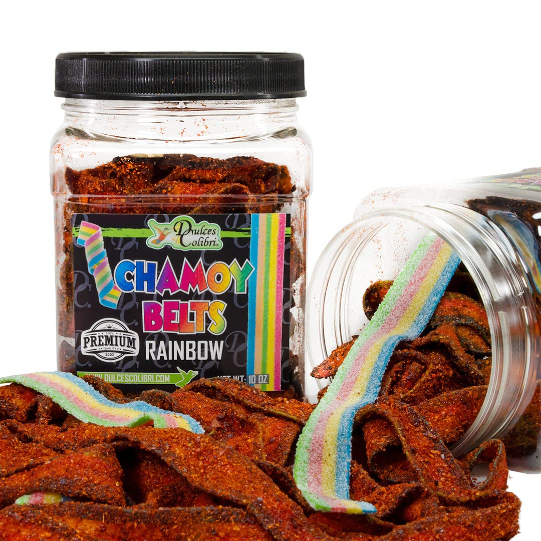 Dulces Colibri - Premium Rainbow Chamoy Belts | Dry Chamoy Coated Gummies | Mess Free | Handmade to Order | Long Lasting Flavor | 10oz Jar | Mix & Match Eligible