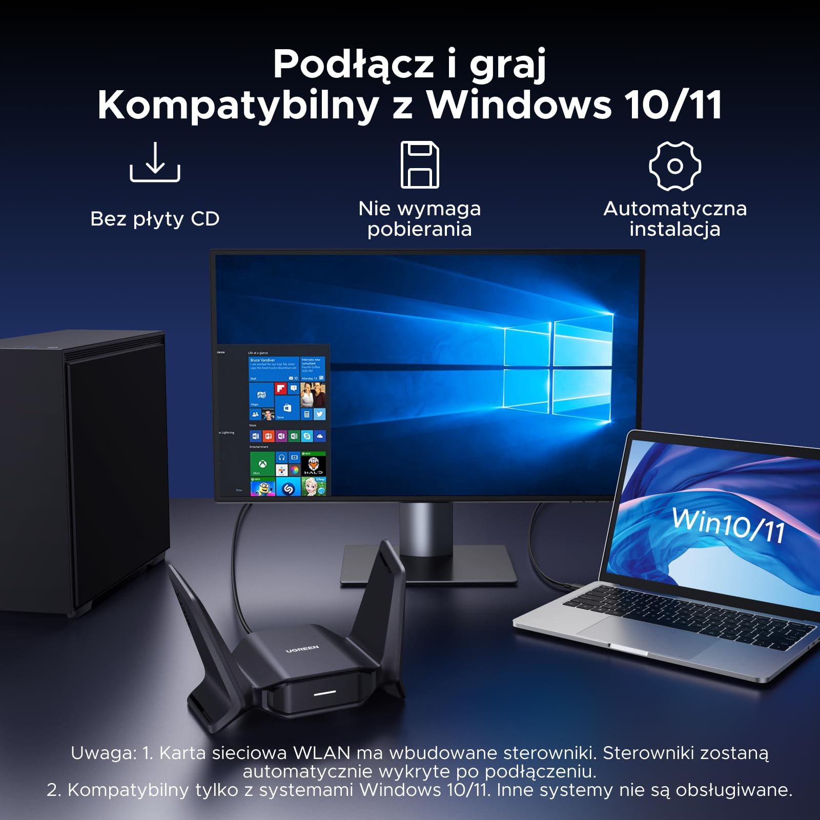 UGREEN WiFi Stick do komputera PC BE6500 WiFi 7 WiFi Stick Tri Band 6G/5G/2.4G MLO, WPA3, adapter WiFi do komputera PC z 2 wysokowydajnymi antenami USB WiFi Stick kompatybilny z Windows 10/11.
