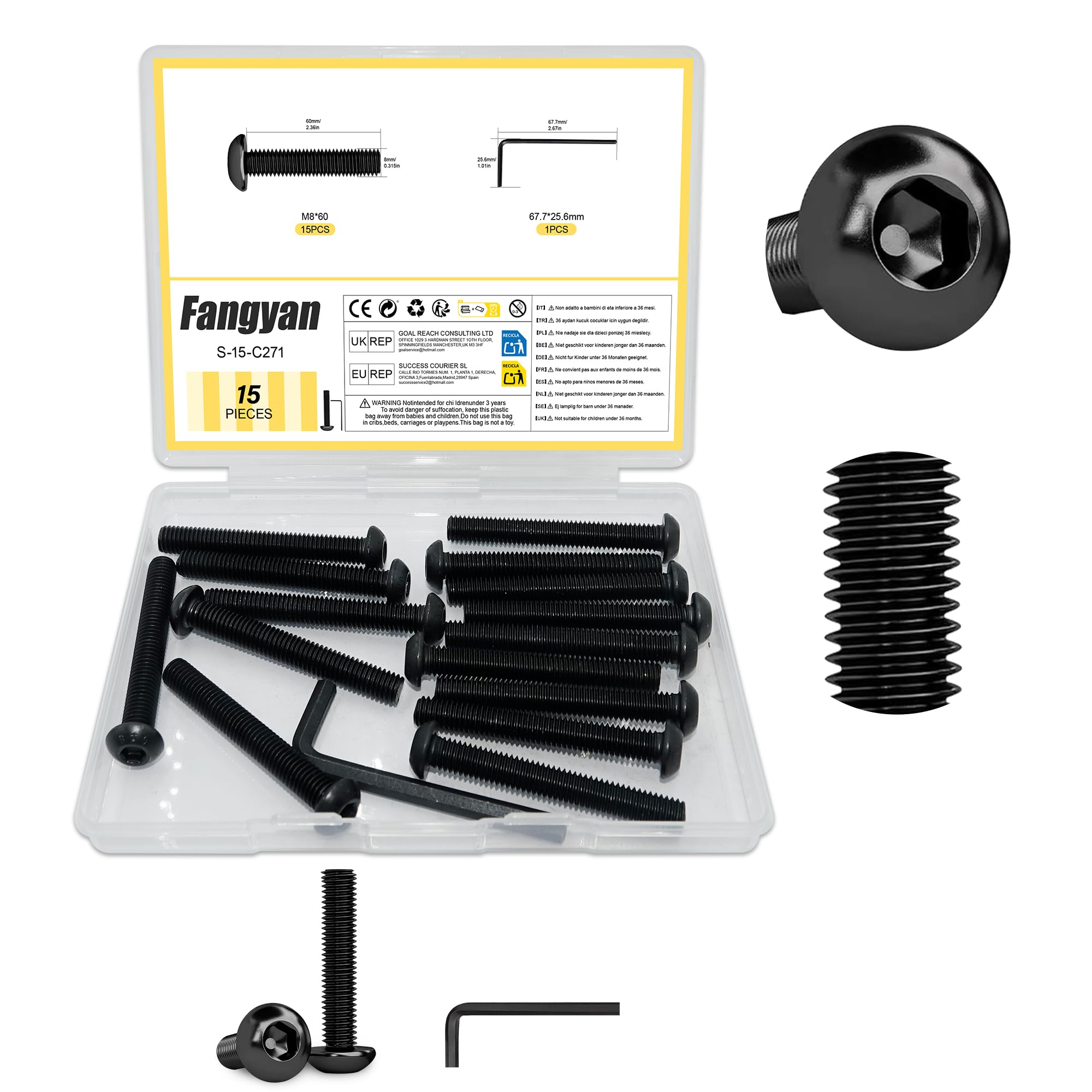 Fangyan 15PCS M8 x 60mm Button Head Hex Socket Screws, Black Oxide Alloy Steel Allen Bolts with Hex Wrench, Full Thread Metric Machine Screws for Furniture, Machinery, DIY Projects