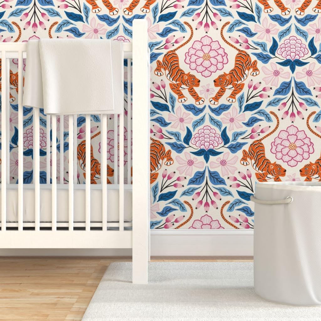 Peel & Stick Wallpaper 3ft x 2ft - Maximalist Tropical Jungle Damask Exotic Botanical Floral Tiger Pink Blue Custom Removable Wallpaper by Spoonflower