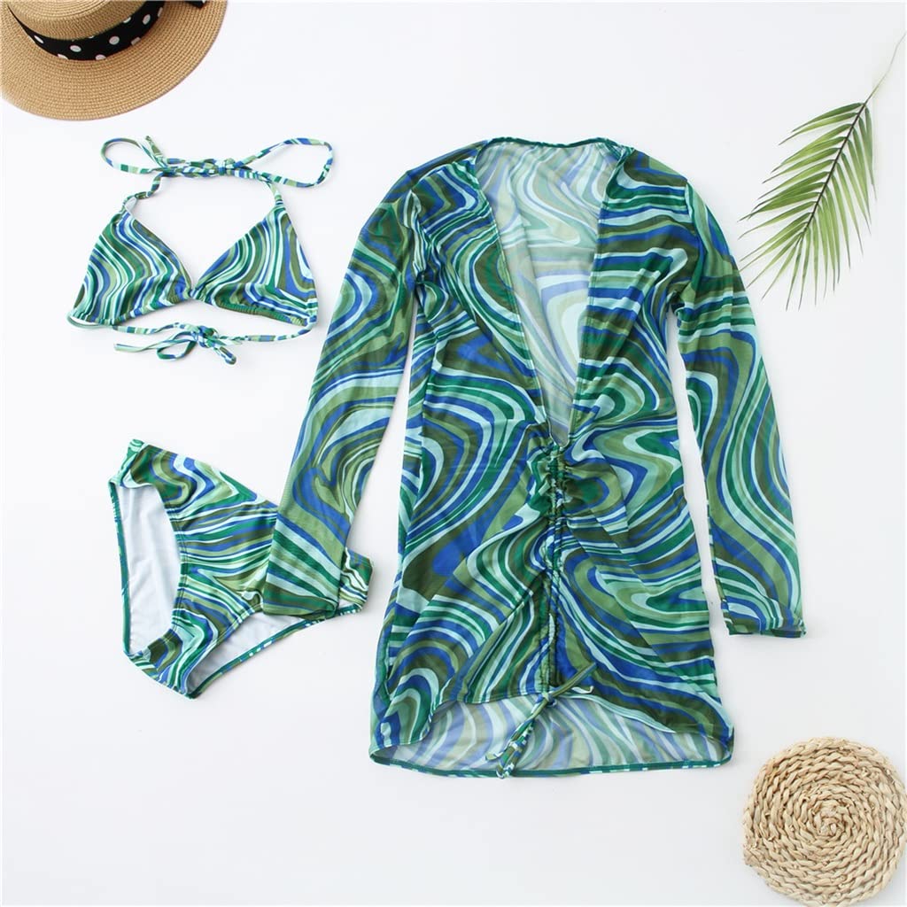 Conjunto Sexy Traje de baño con Cuello en V Profundo Ropa de Playa Estampado de Manga Larga Conjunto de Bikini de Vendaje de Tres Piezas Cubierta (Color : Red, Size : L) (Green S)