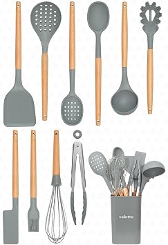 Valletta Matis 11 Piece Service Set Gray with Heat Resistant Silicone Fireproof Nonstick Stand