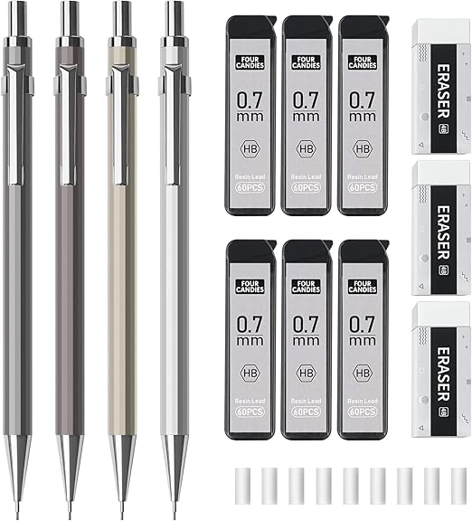 Four Candies 0.7mm Mechanical Pencil Set with Case 4PCS Metal Mechanical Pencils, 6 Tubes HB