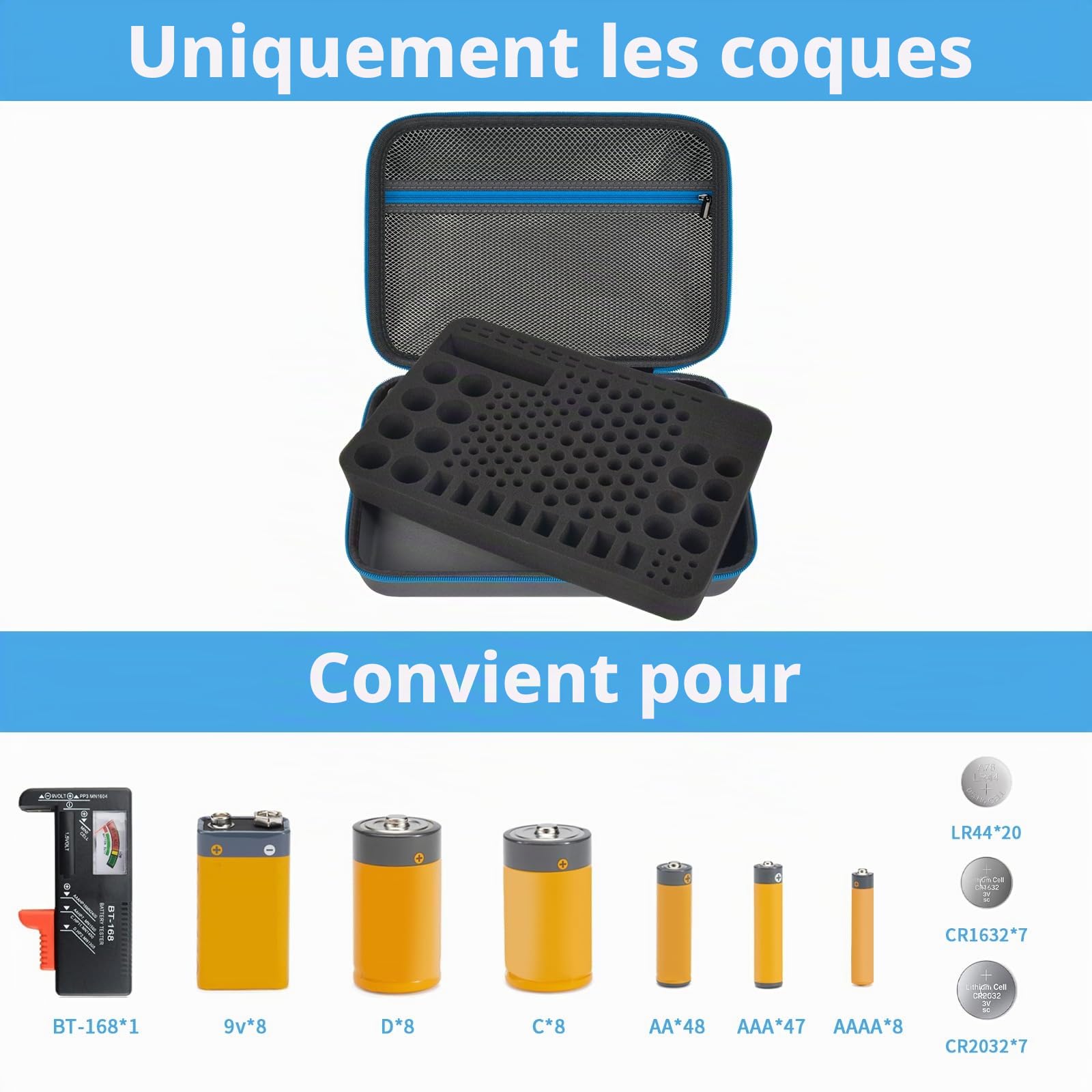 Organisateur de piles boîtier de rangement étui boîte avec contrôle de test BT-168. Contient 225 piles AA AAA C D-cell 9 V 3 V lithium (bleu, grand)
