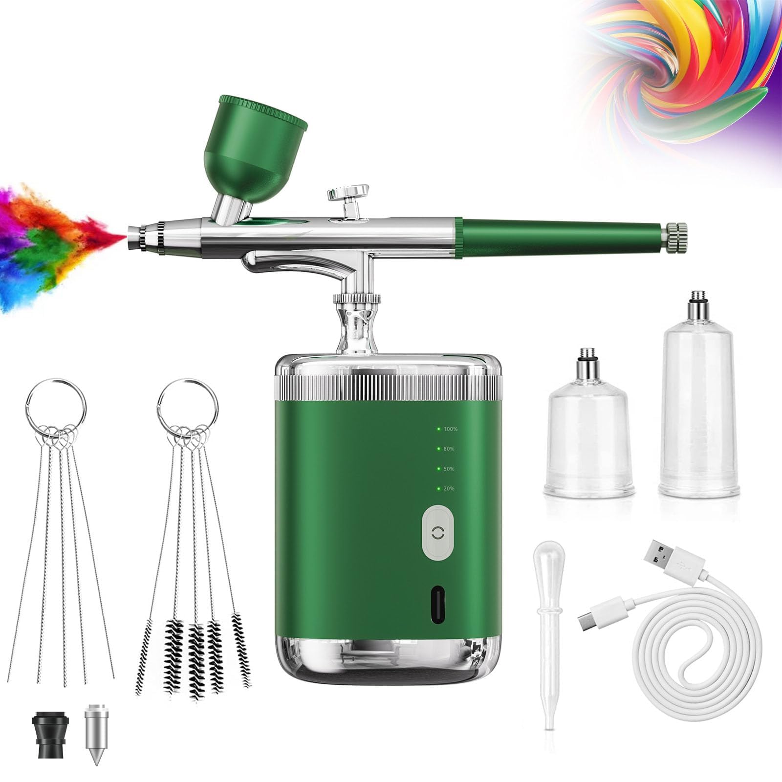 Kit aérographe avec compresseur - Pistolet aérographe portatif - Buse de 0,3 mm - 3 niveaux de pression - Batterie 1200 mAh - Idéal pour nail art, maquillage, décoration de gâteau, peinture de