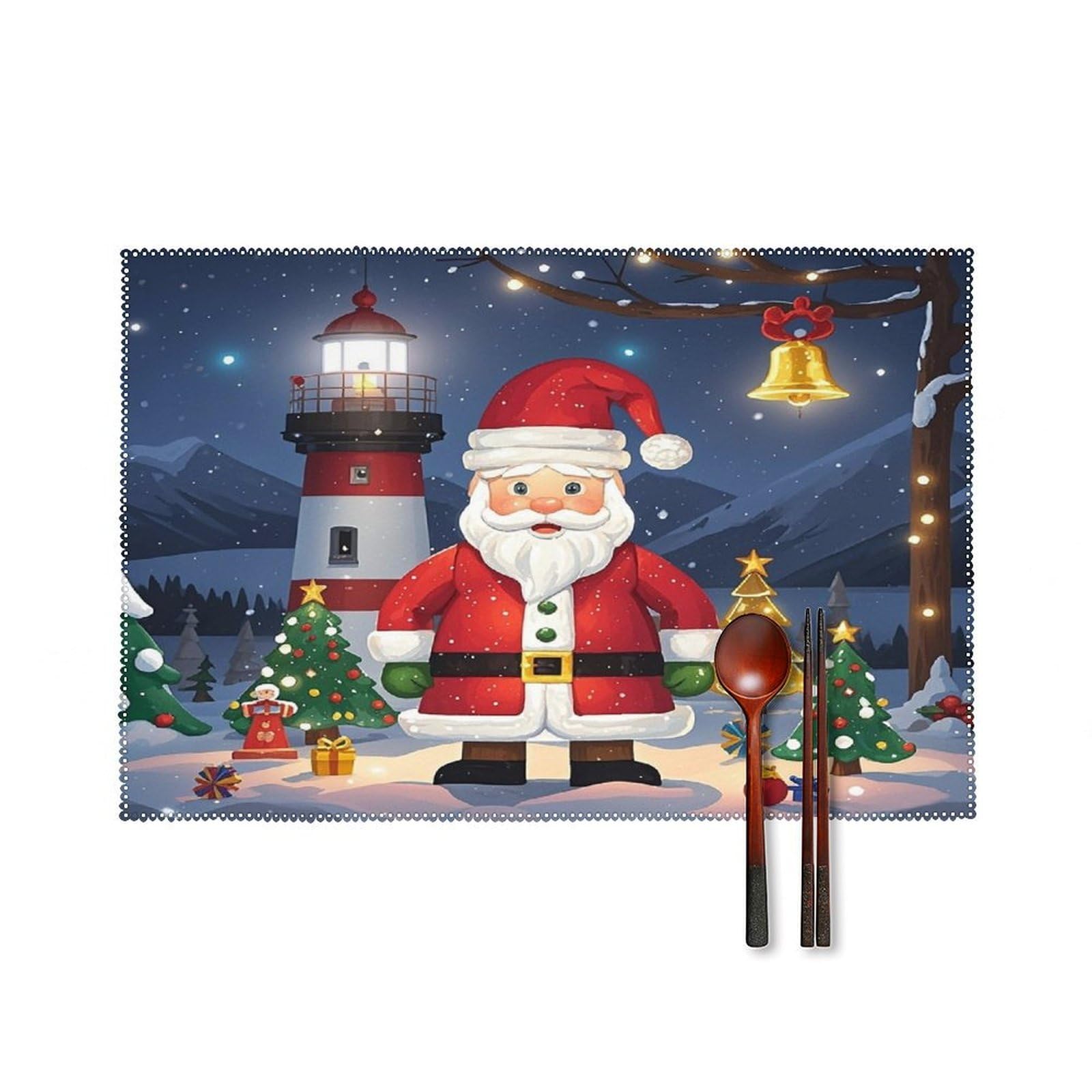 Lighthouse Santa Placemats Set of 4 Heat Resistant Non-Slip Place Mats Wipeable Easy to Clean Table Mats for Kitchen Dining Party Outdoor Placemats