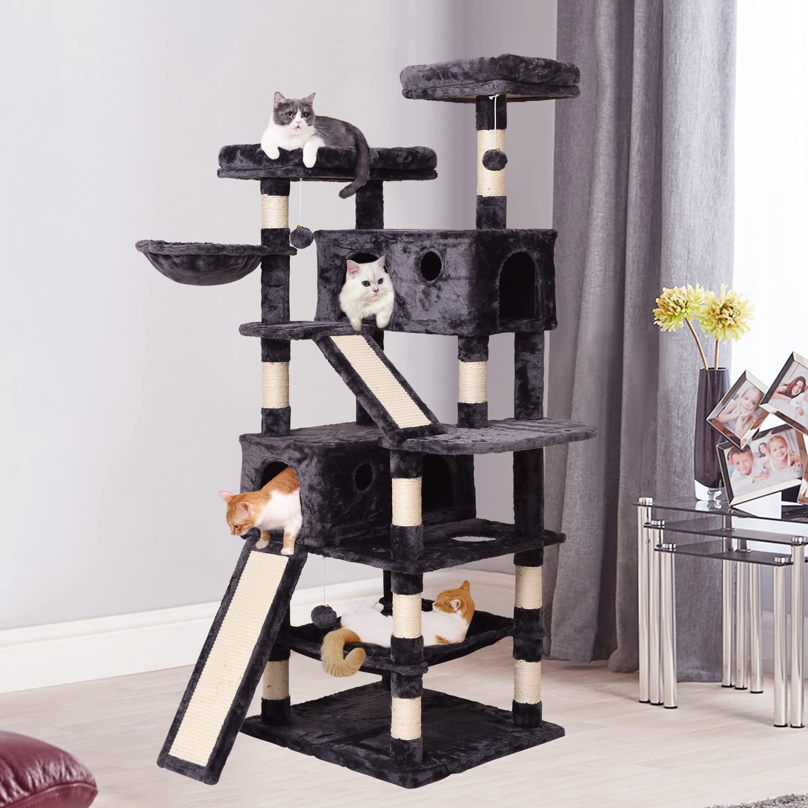 Katzenkratzbaum,Kratzbaum für Große Katzen 180 cm hoch, Katzenbaum mit Haus, viele Aussichtsplattformen, Katzenhängematte,Sisal Seil Kletterleiter, Plüsch Liegematte Marke: JISSBON (Black)