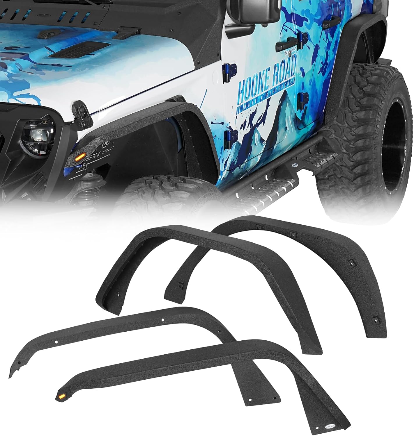 Hooke Road JL Slim Flat Fender Flares for 2018-2026 Jeep Wrangler JL JLU 2/4 Doors, Front and Rear Steel Fenders with LED Turn Signal Lights - 4 PCS Set