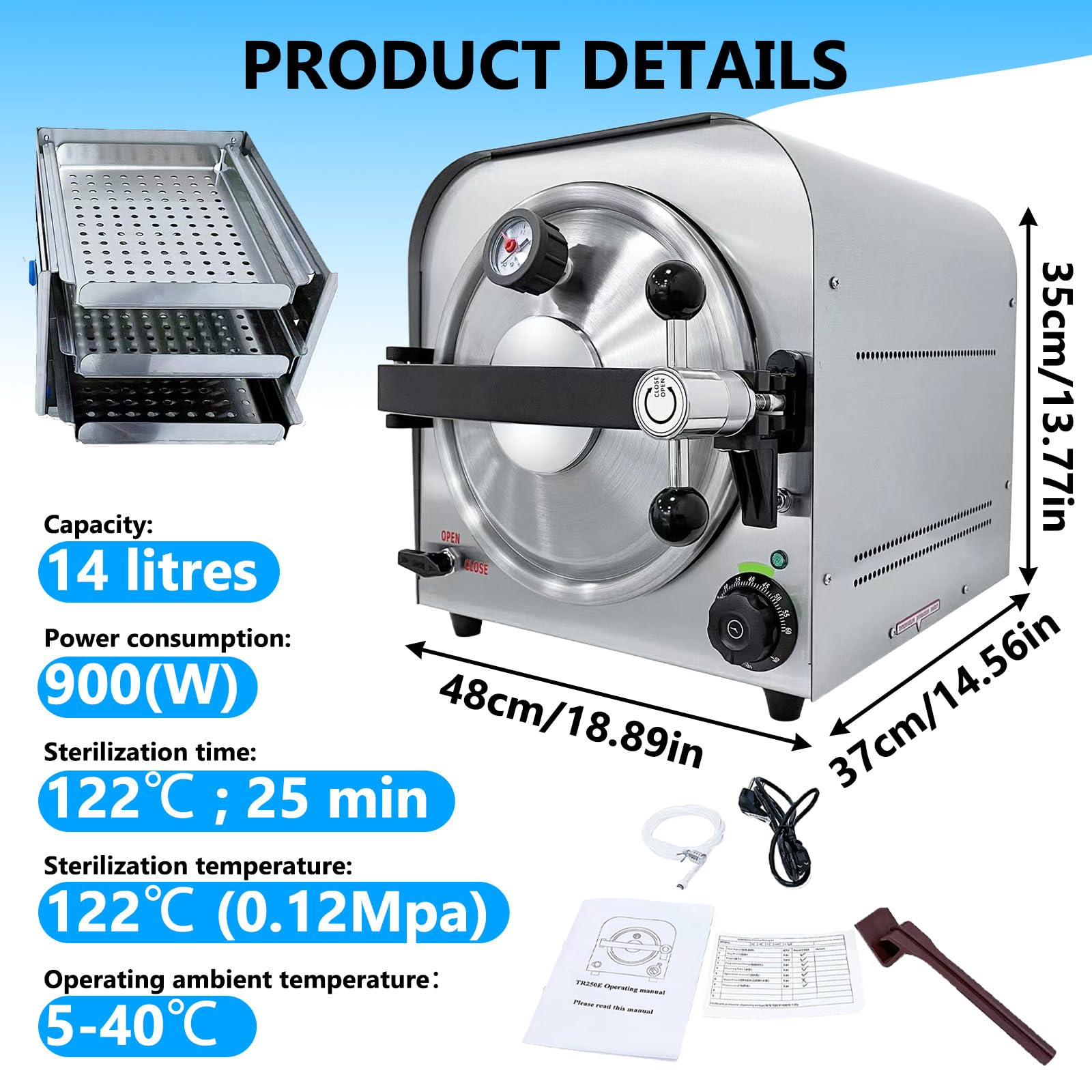 New Dental Steam Autoclave Sterilizer, dell'Acciaio Inossidabile di Controllo Digitale, con Display LCD Sterilizzatore A Vapore Ad Alta, per Gli Strumenti Dentali 14L-900W