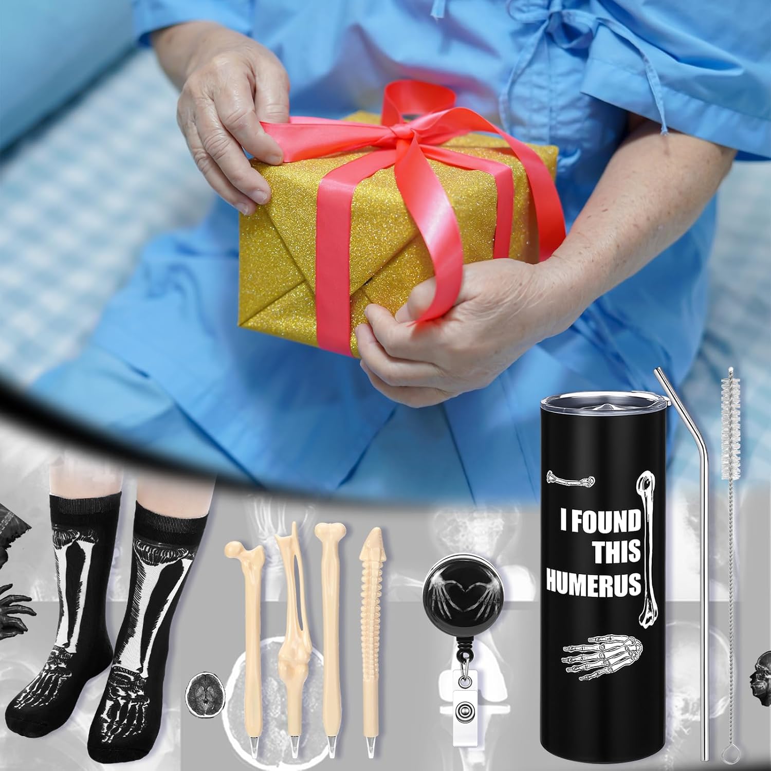 Geiserailie 7 Pcs Radiology Gifts for Doctors X-Ray Tech Gifts I Found That Humerus 20 oz Tumbler Skeleton Socks X-Ray Badge Reel Bone Shape Ballpoint Pens Appreciation Nurse Medical Student - Image 7