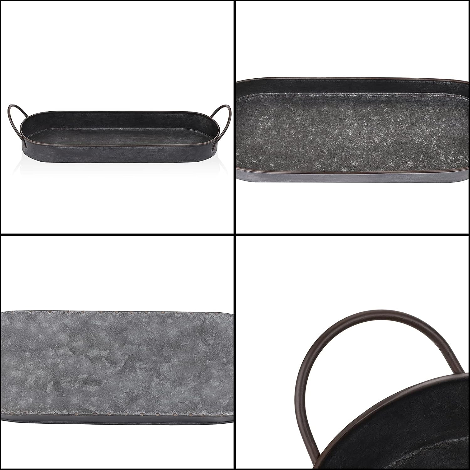 Hipiwe Industrial Style Metal Iron Tray Galvanized Serving Tray for Coffee Table, Home Decorative Centerpiece Tray Rustic Breakfast Serving Tray with Handles (Oval) - Image 5