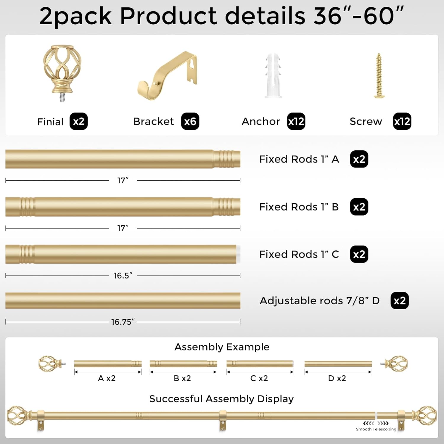 2 Pack Gold Curtain Rods for Windows 30 to 56 Inch, Decorative 1" Window Treatment Rods with Aluminium Twisted Cage Finials, Adjustable Heavy Duty Metal Farmhouse Drapery Pole, Easy Install