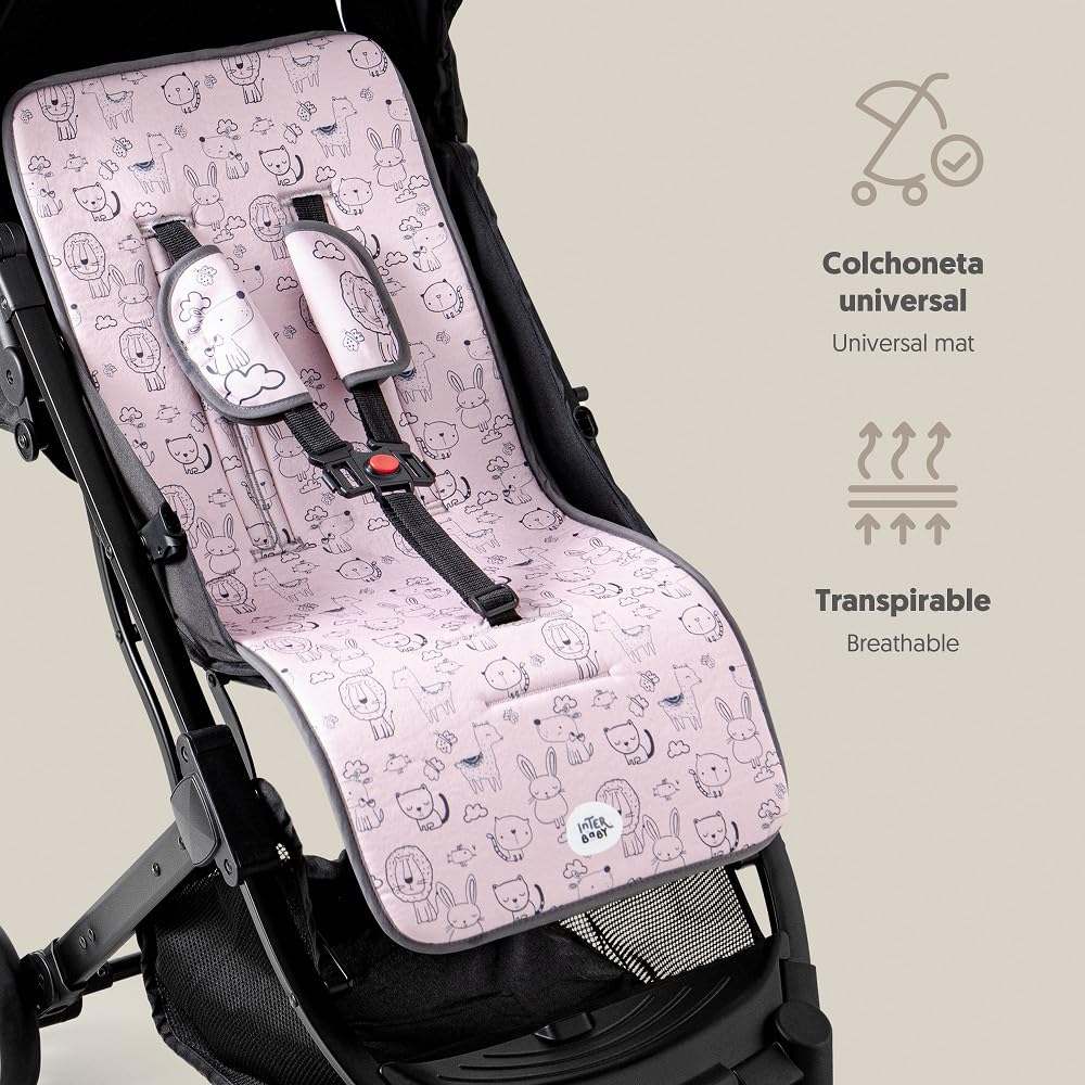 Interbaby Colchoneta Silla Paseo Universal para Verano | Transpirable y Cómoda | Funda Carro Bebe 100% Algodón, 84x34cm, Protectores para Arnés | Funda Silla Paseo Cat Rosa