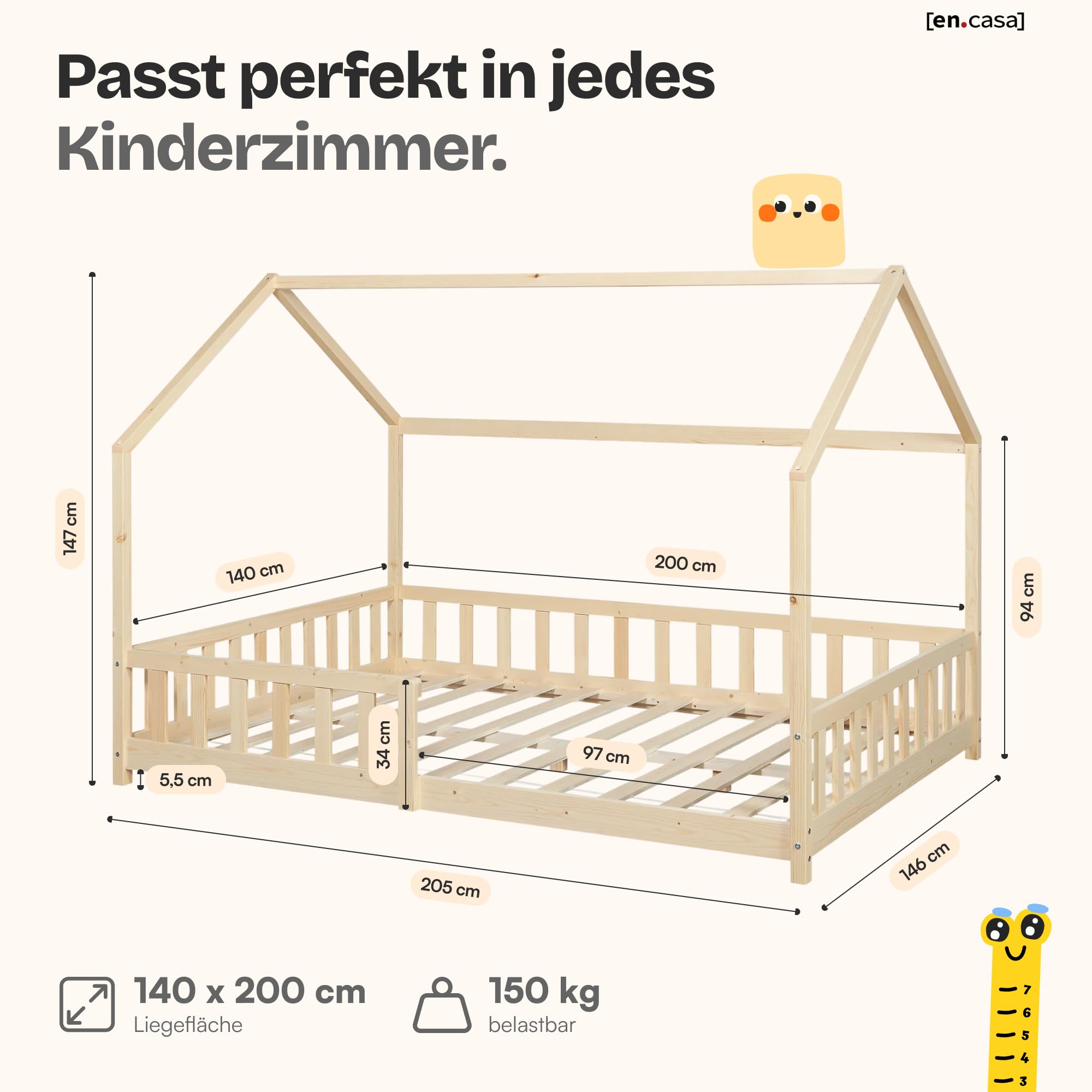 [en.casa] Kinderbett Hesel Hausbett Holzoptik 140 x 200 cm mit Rausfallschutz und Lattenrost Montessori Bodenbett Jugendbett Holzbett