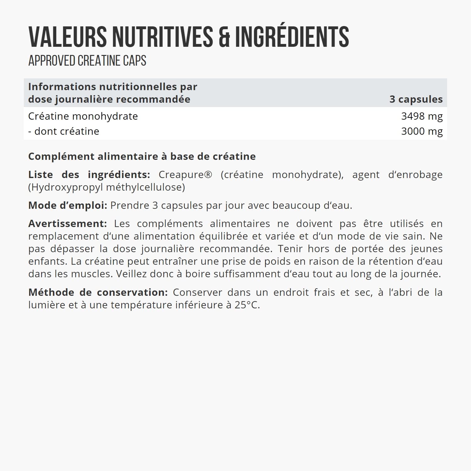 WFN Approved Creatine Capsule - Créatine Monohydrate Creapure Gelules - 180 Gélules - 60 Portions - Végétalien - Testé en Laboratoire
