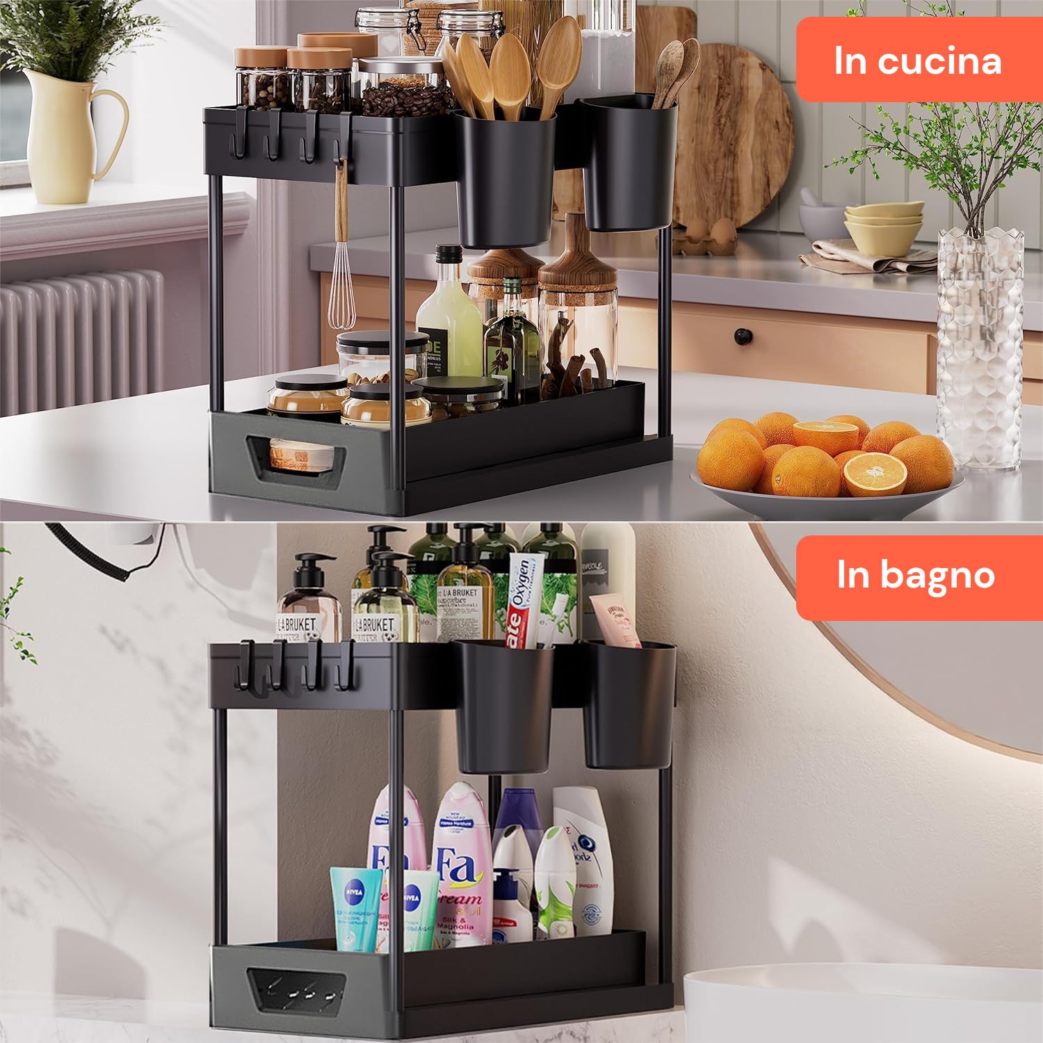 Avilia - Organizer Sottolavello Cucina a 2 Ripiani con Cestelli e Ganci per Ottimizzare Spazio in Bagno e Cucina, Facile da Montare, Ideale per Detergenti e Accessori di Uso Quotidiano