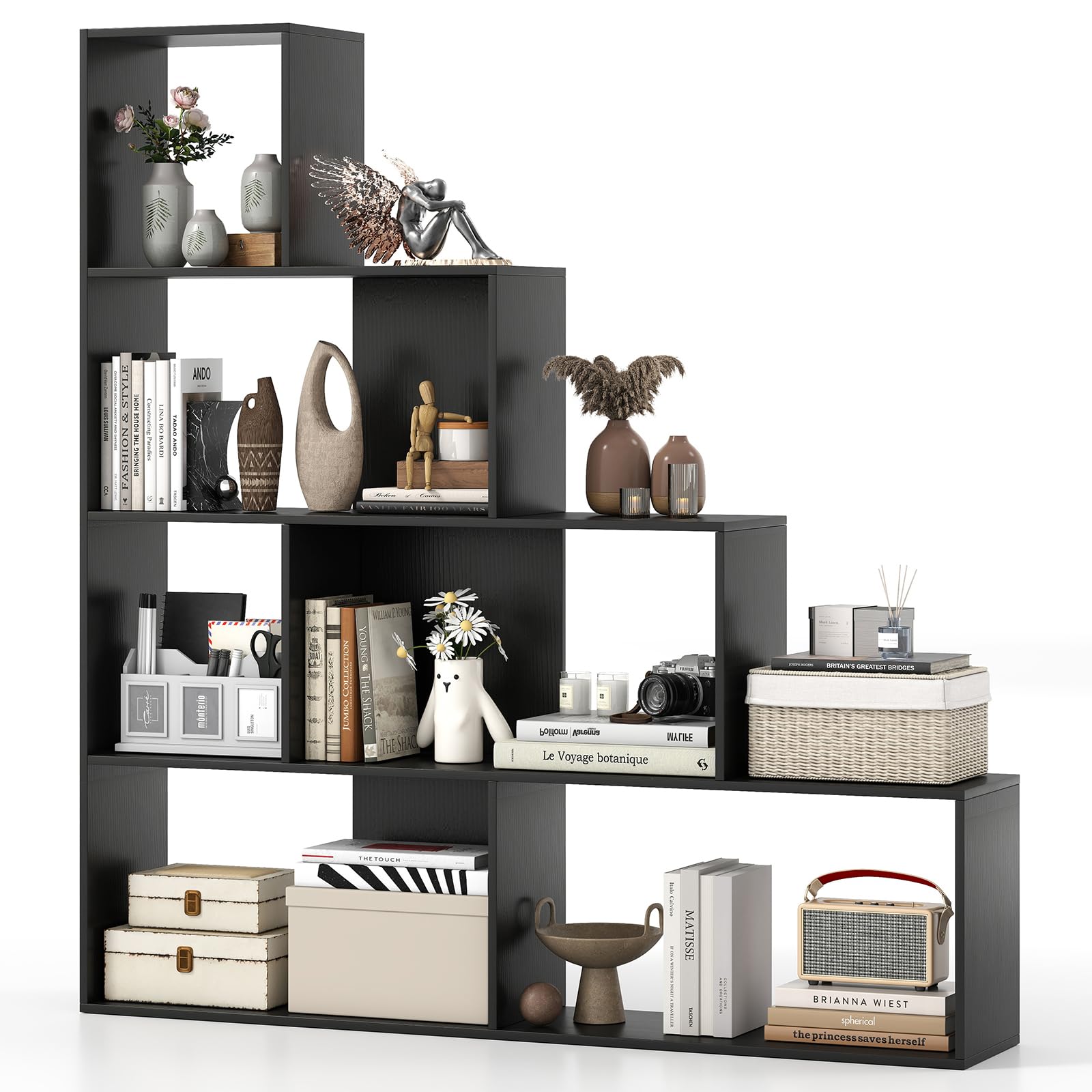 COSTWAY 6 Cube Storage Bookcase, 162CM Tall Wooden Display Bookshelf Corner Rack, Modern Freestanding Ladder Shelving Unit Room Divider for Home Office Living Room Bedroom (Black, with Backboard)