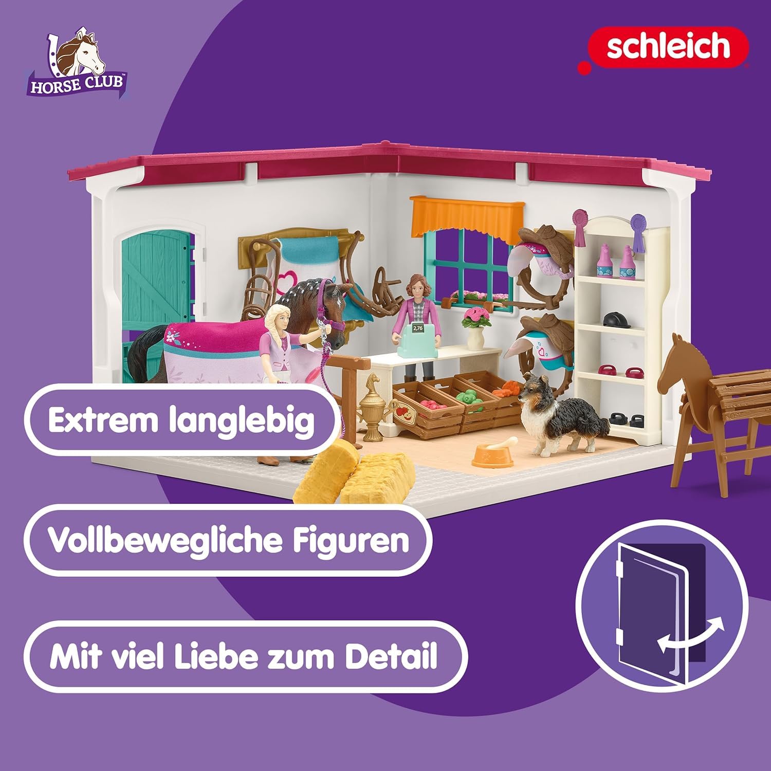 Schleich Horse Club | Reitshop zum modularen Reiterhof 42568 | 67 Teile | Set inkl. Haus, Hund, 2 bewegliche Figuren & Zubehör | Geschenk für Mädchen und Jungen | Pferde Spielzeug ab 5 Jahren