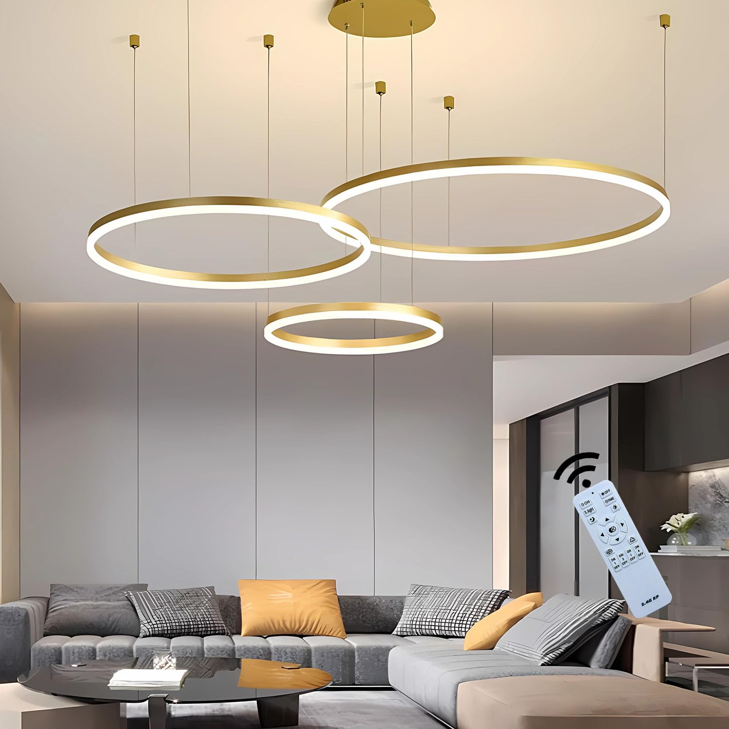 J.SUNUN Led Ceiling Lighting Modern 3 Rings Pendant Light 45W 3600LM Distributed Installation Dimmable with Remote Control Round Metal LED Chandelier for Living Room Bedrooms Office Gold 20+40+60CM