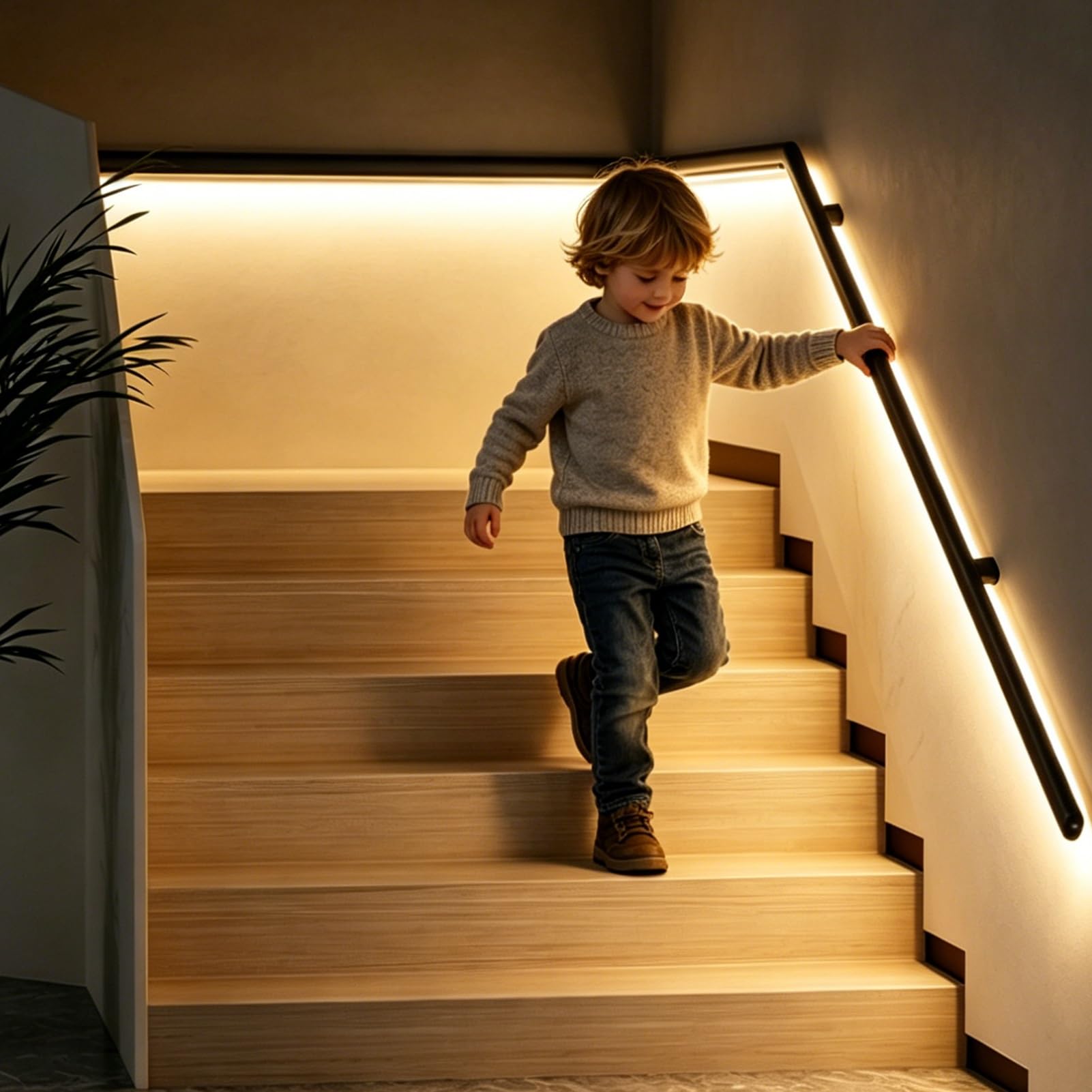Motion Sensor Indoor Stair Handrail, Illuminated Staircase Handrails with 4000K Brightness, Non-Slip Heavy Duty Banister Railing for Kids(Right Bottom,110cm/43.3in)