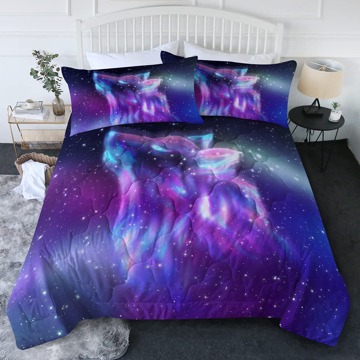 BlessLiving Howling Wolf Comforter Set Twin/Twin XL Size, Purple Galaxy Print Reversible Bedding Duvet Sets (1 Comforter + 2 Pillow Shams) for Adults Men, Colorful Space Quilt Sets