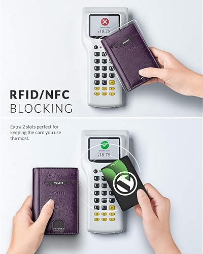 Miniatura 4 de VULKIT Billetera delgada con bolsillo frontal plegable con bloqueo RFID, minimalista, de cuero fino, tarjetero para tarjetas de crédito, para
