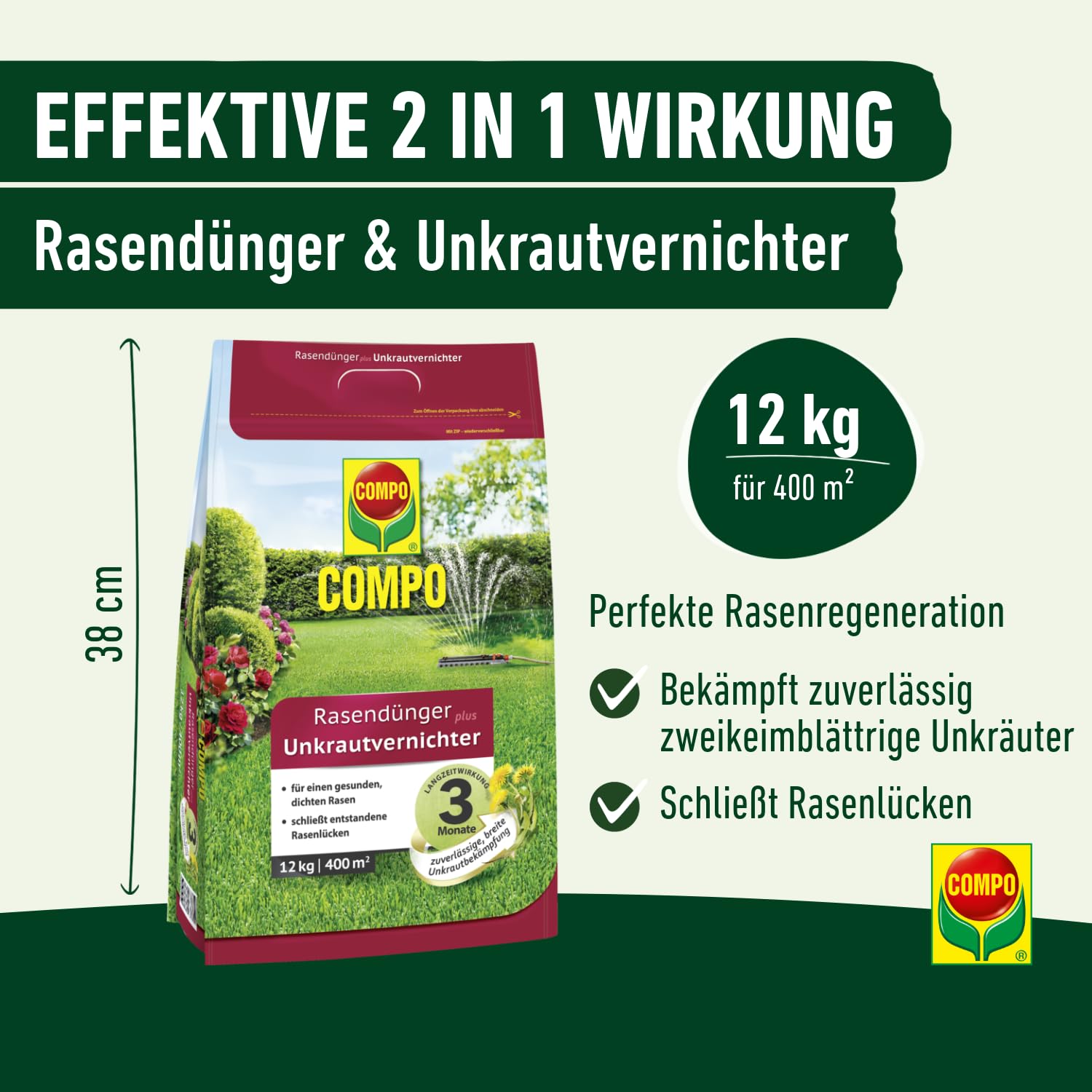 COMPO Rasendünger mit Unkrautvernichter, 12 kg für 400 m² - Rasendünger für das Frühjahr mit 3 Monate Langzeitwirkung