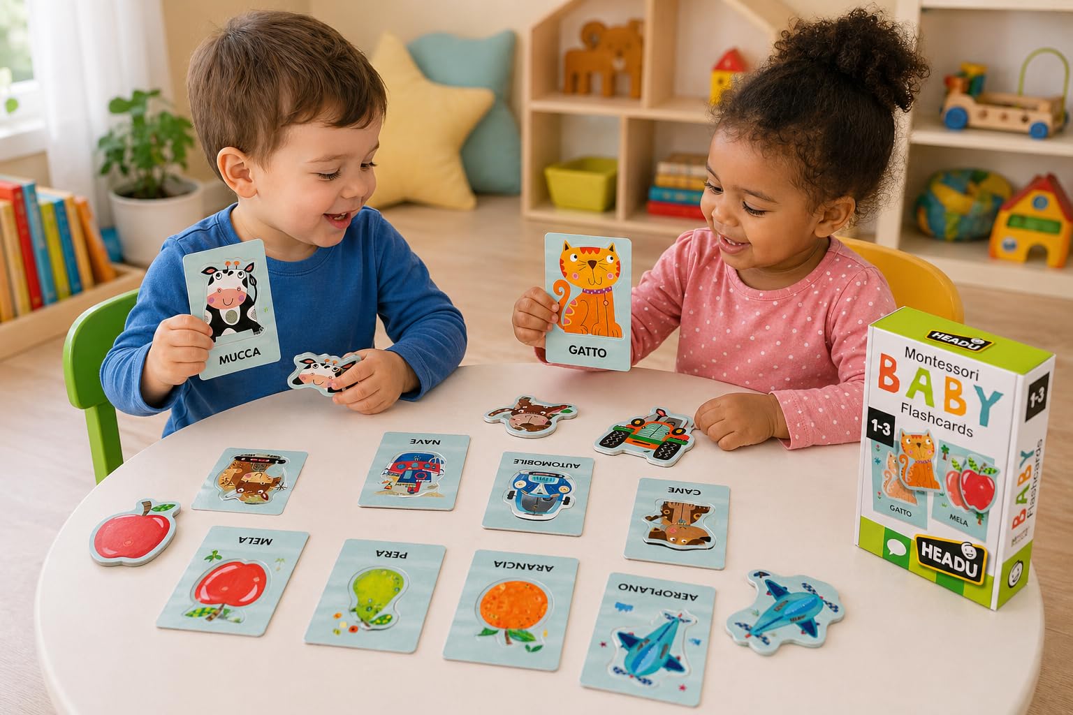 HEADU - Baby Flashcards Montessori - Ascolta e Pronuncia le Prime Parole| Giochi Educativi 1 2 3 Anni, Carte Sagomate ad Incastro, Giochi Montessori per Imparare Prime Parole, Regalo Bambina Bambino