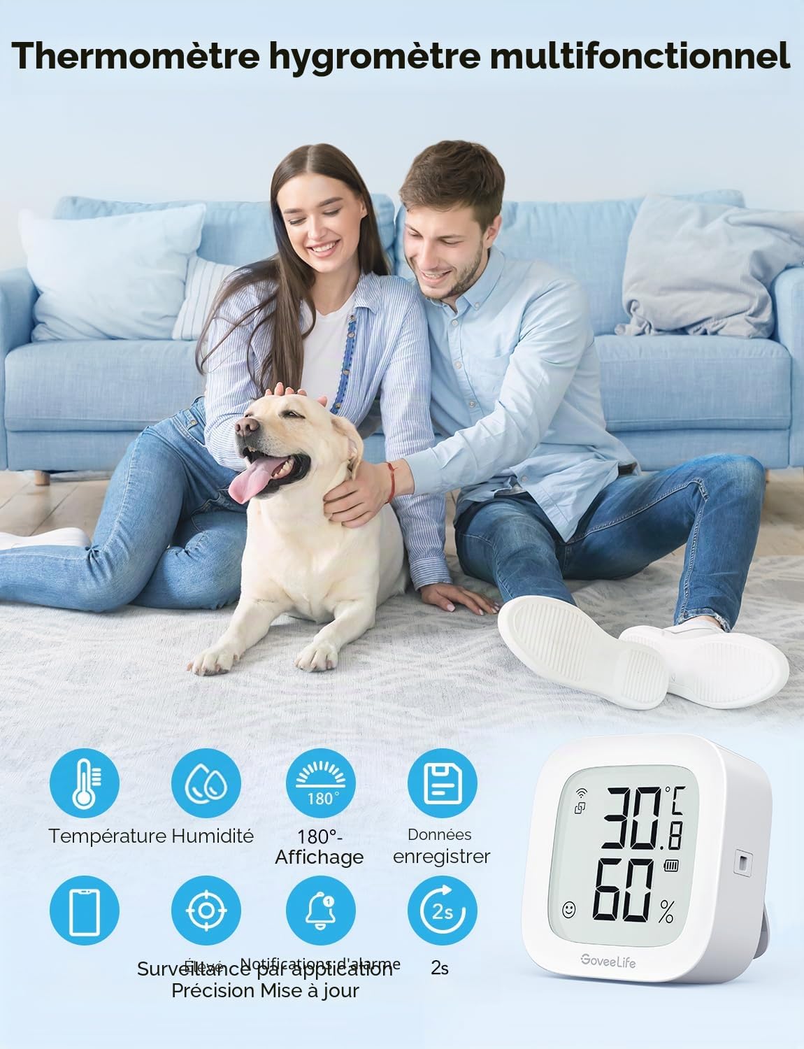 GoveeLife Hygromètre Wi-Fi Thermomètre numérique Température Humidité Intérieur Contrôle à distance Notification Application Stockage Données