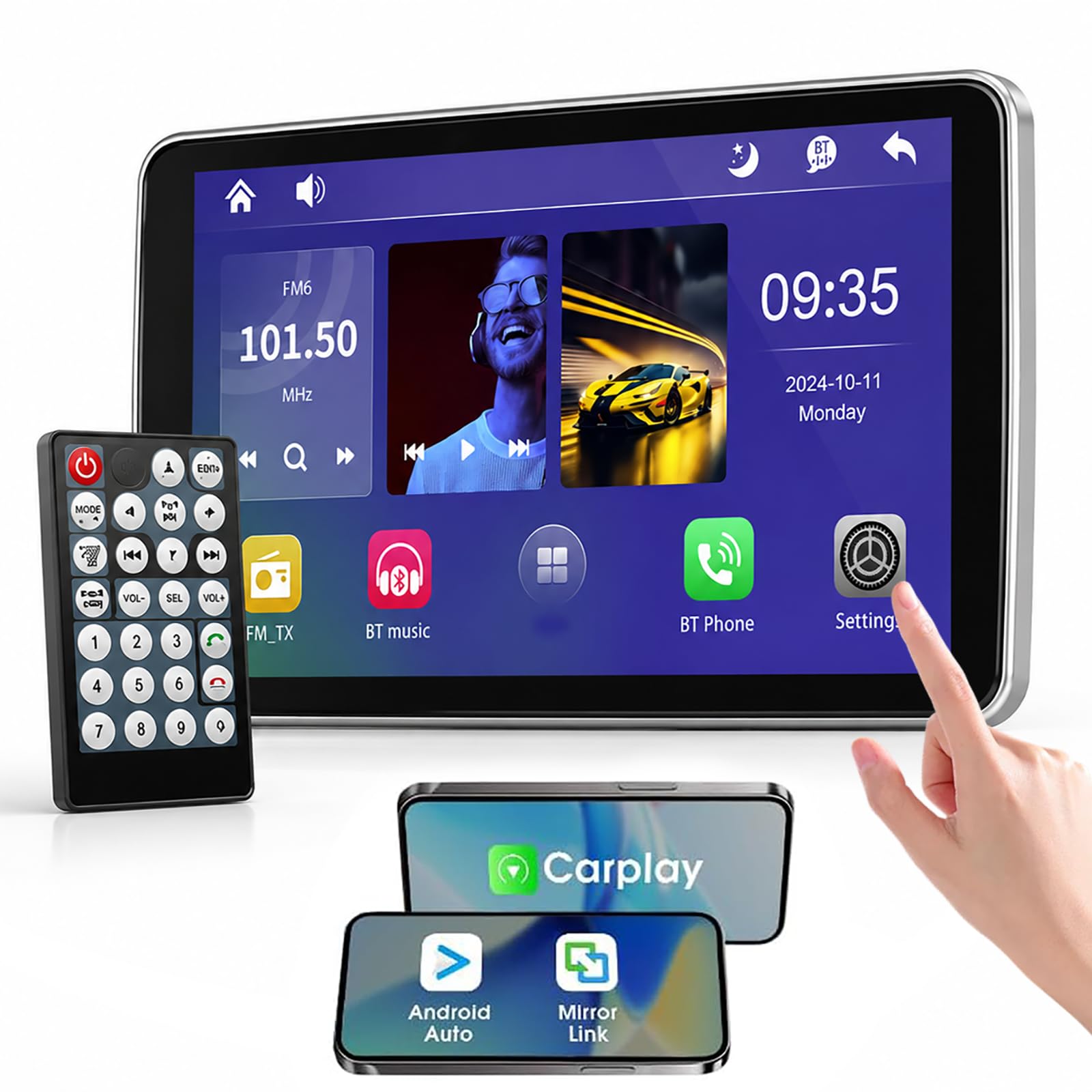 HCAUYNN Car TV for Rear Passengers, 10.1 Inch Headrest Monitor, Cordless CarPlay, USB TF Media Playback, Touch Screen Display