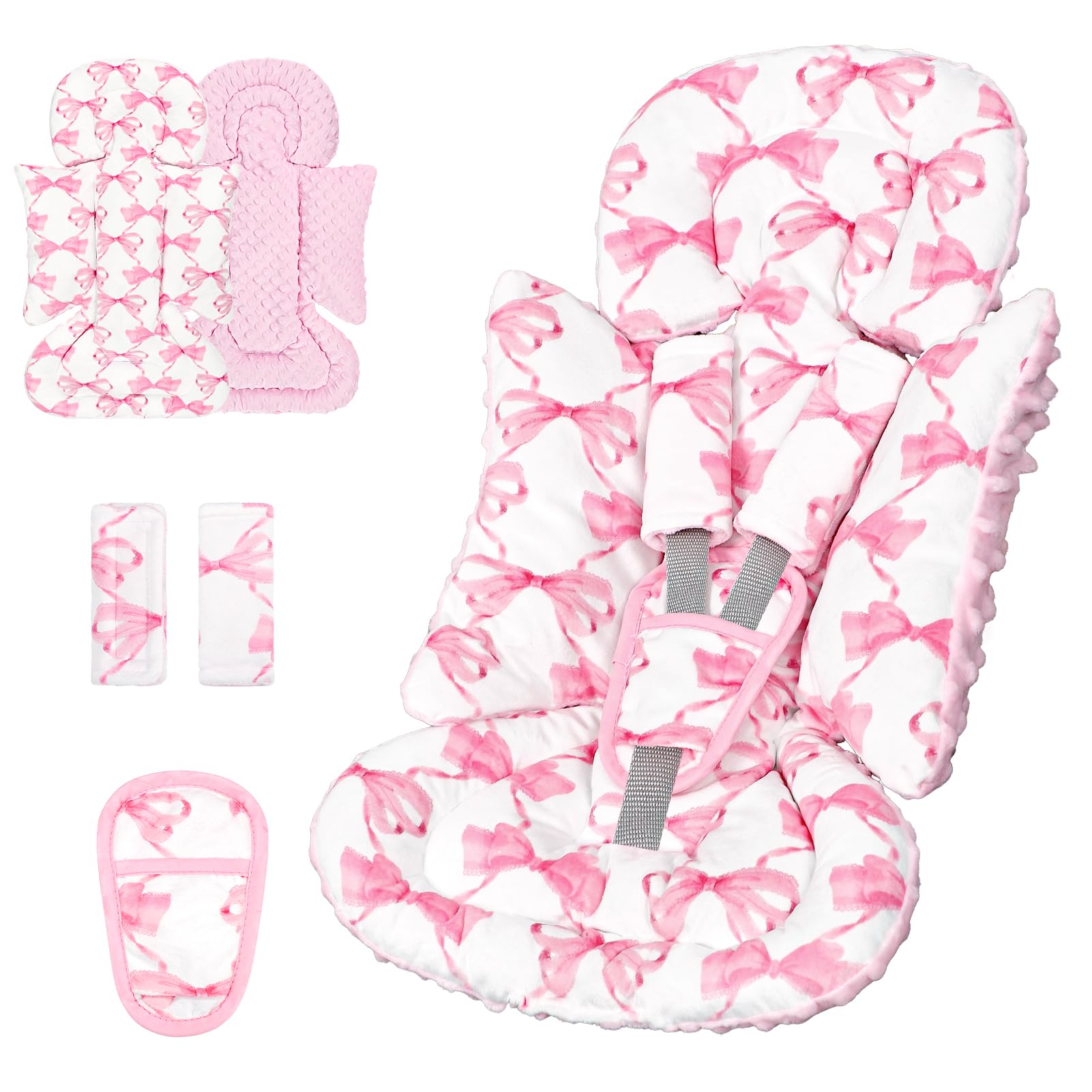 Infant Car Seat Insert, Soft Baby Car Seat Head & Body Support for Girl Boy, Reversible Newborn Preemie Carseat Insert Cushion with 3 Straps Pads, Fits Car Seat, Stroller, Swing, Bouncer, Pink Bow