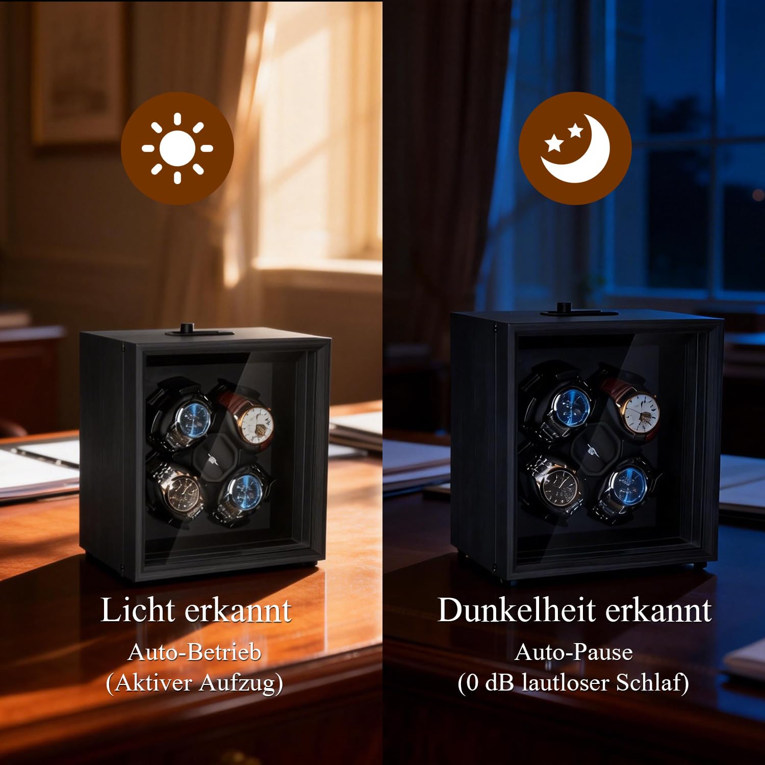 Mcbazel Automatischer Uhrenbeweger für Vier Uhren, Automatische Leise Funktion,Watch Winder Silent Motor, Verstellbare, Professionelle Uhrenpflege-Lösung – Schwarzes Ebony-Muster