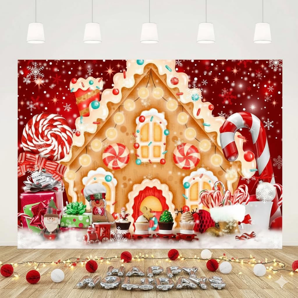 Toile De Fond Noël 215x150cm - Motif Forêt En Pain D'Épices, Bonhommes De Neige, Flocons - Polyester Lavable, Pour Décoration & Photo