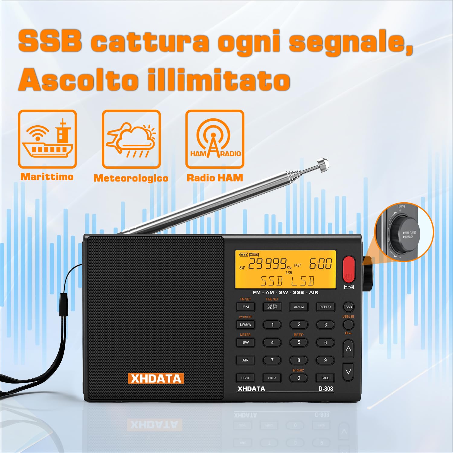 XHDATA D-808 Radio digitale portatile FM Stereo SW MW LW SSB RDS Air Band Multi Band con ATS, display LCD, nero