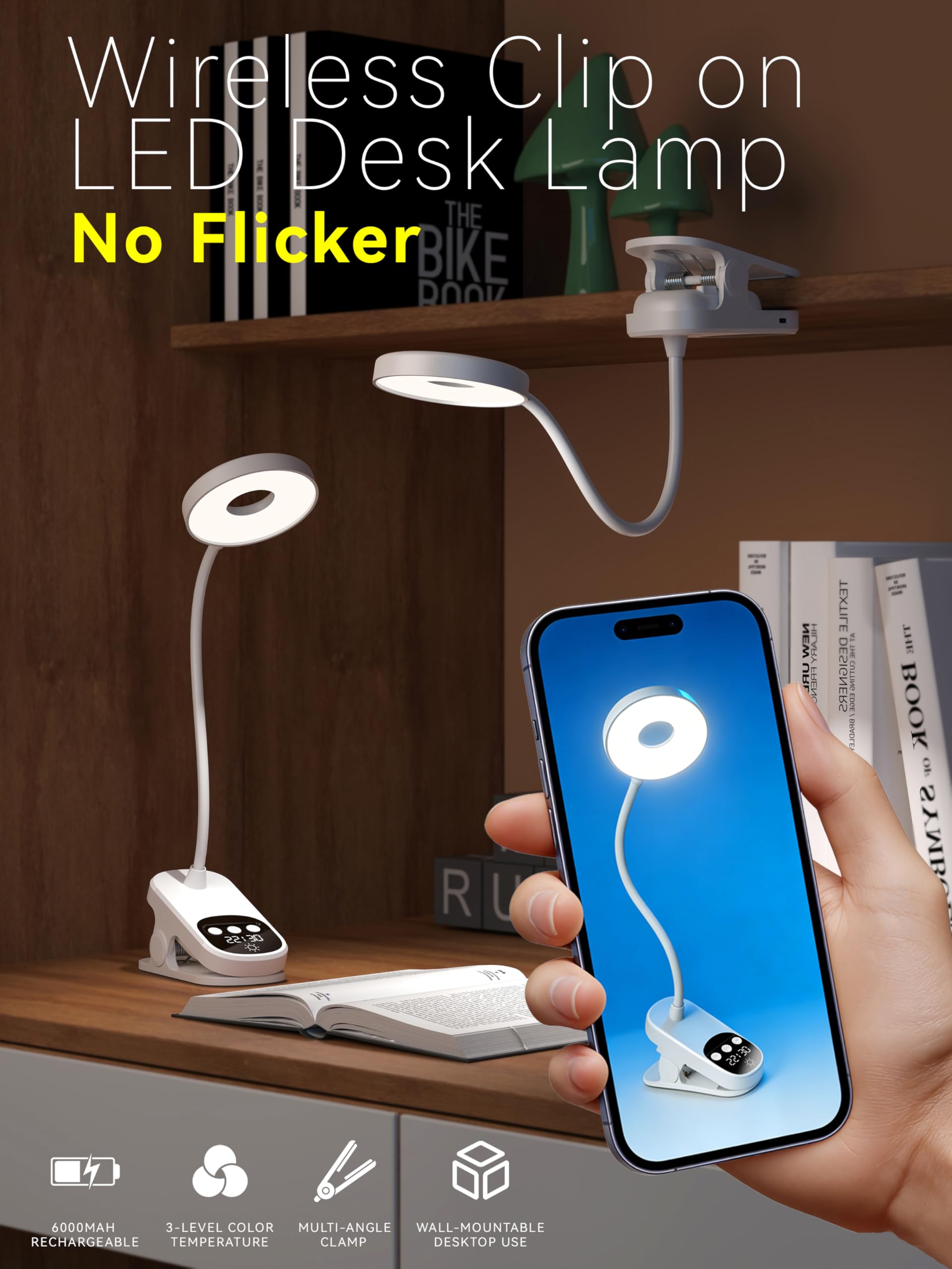Lampada da scrivania a LED con morsetto, lampada da scrivania a clip per casa e ufficio, regolazione della luminosità a 3 livelli con orologio, batteria ricaricabile per lavoro/studio