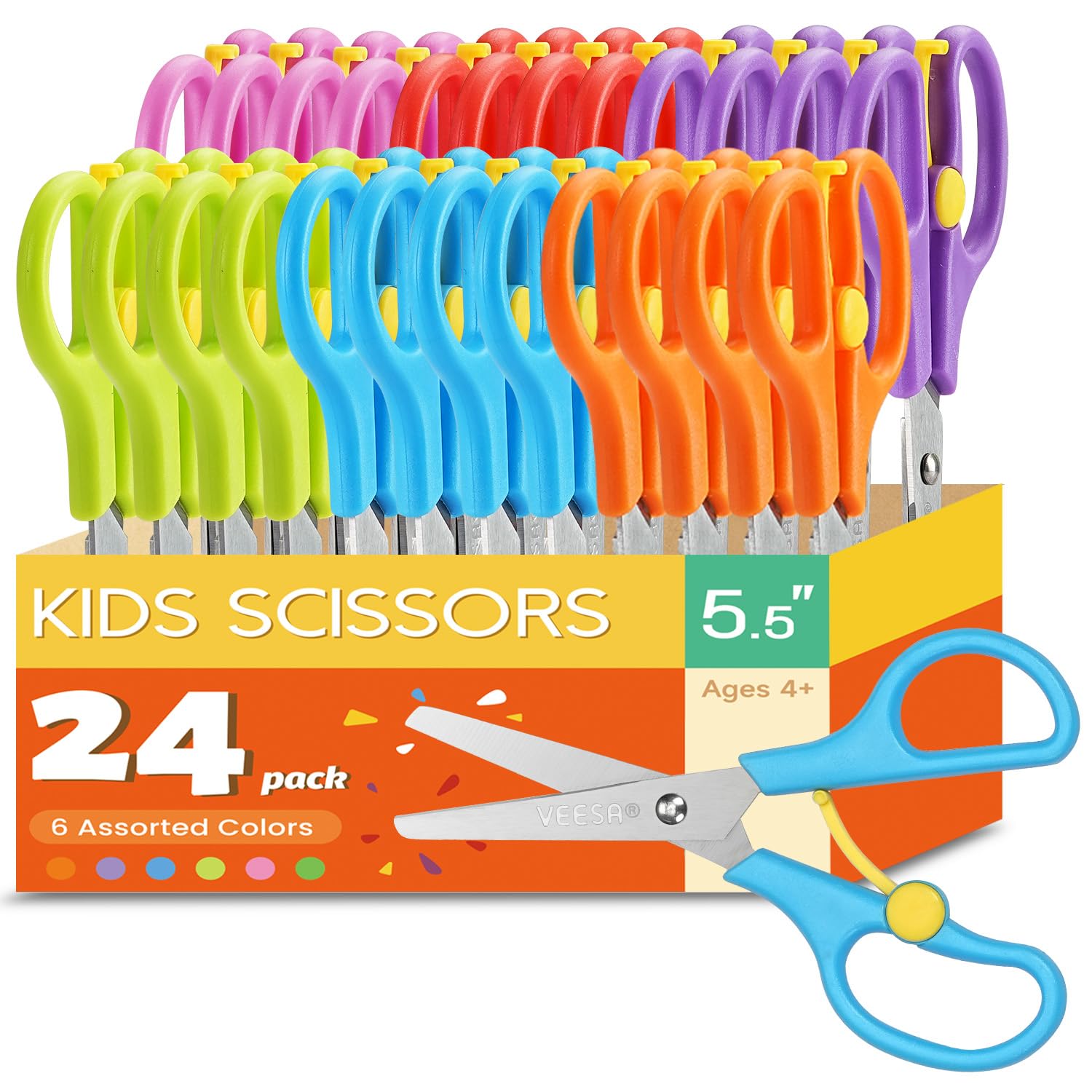 Kids Scissors Bulk, 24 Pack 5’’ Safety Scissors for Kids Age 3-5, Blunt Tip | Anti-Pinch Design| Adaptive, Craft Supplies for Left & Right Hnad,